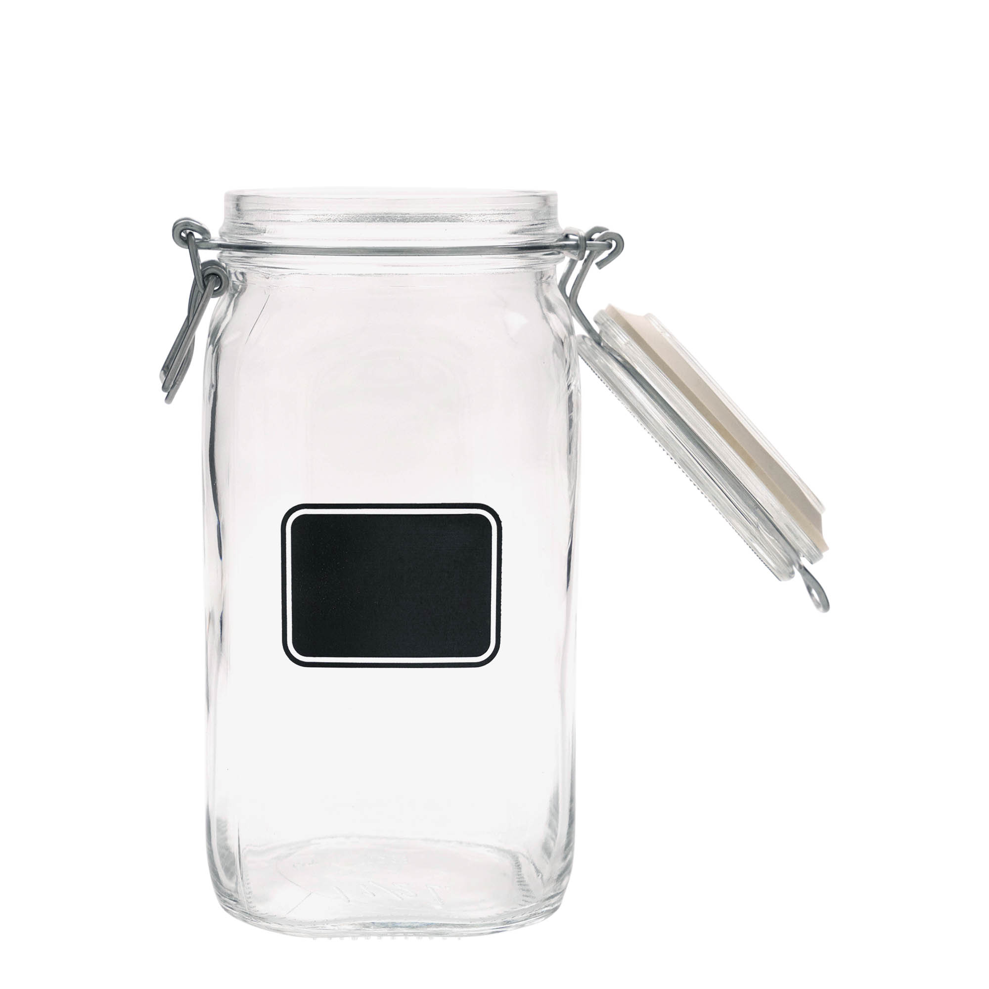 1.500 ml beugelfles 'Fido', motief: etiketveld, vierkant, opening: beugelsluiting