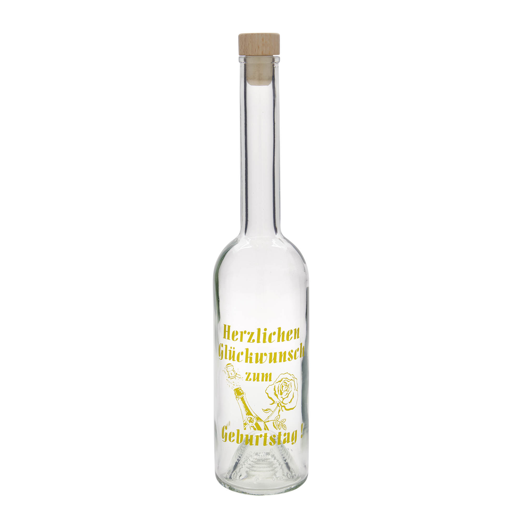 500 ml glazen fles 'Opera', motief: verjaardagsfles, opening: kurk 500 ml glazen fles 'Opera', motief: verjaardagsfles, opening: kurk