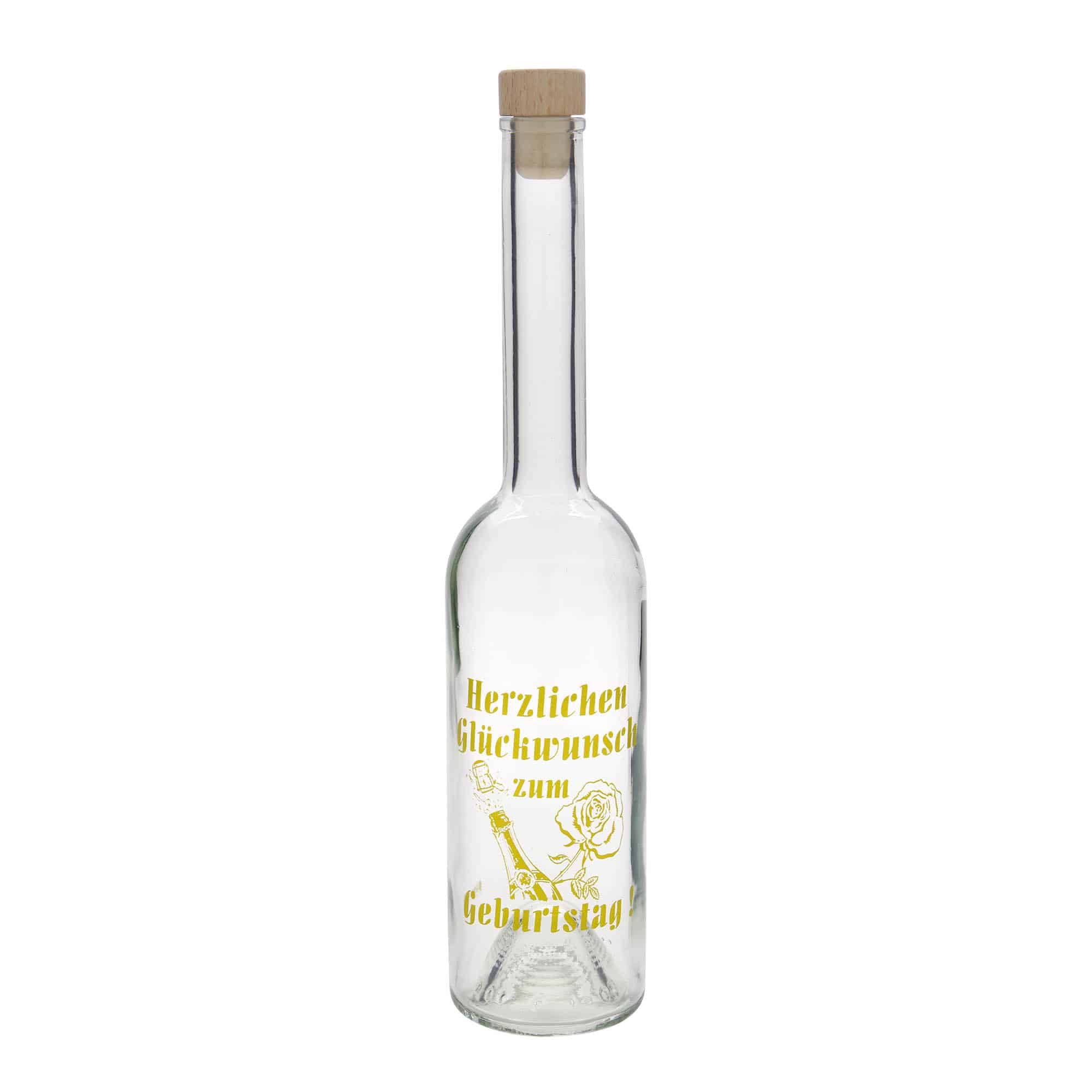 500 ml glazen fles 'Opera', motief: verjaardagsfles, opening: kurk