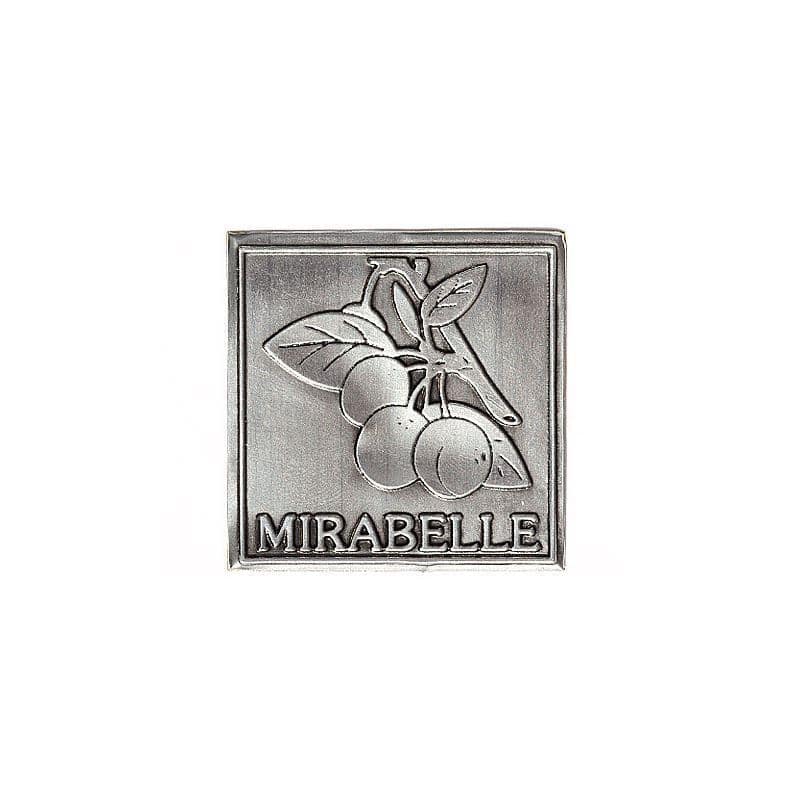Tinnen etiket 'Mirabel', vierkant, metaal, zilver