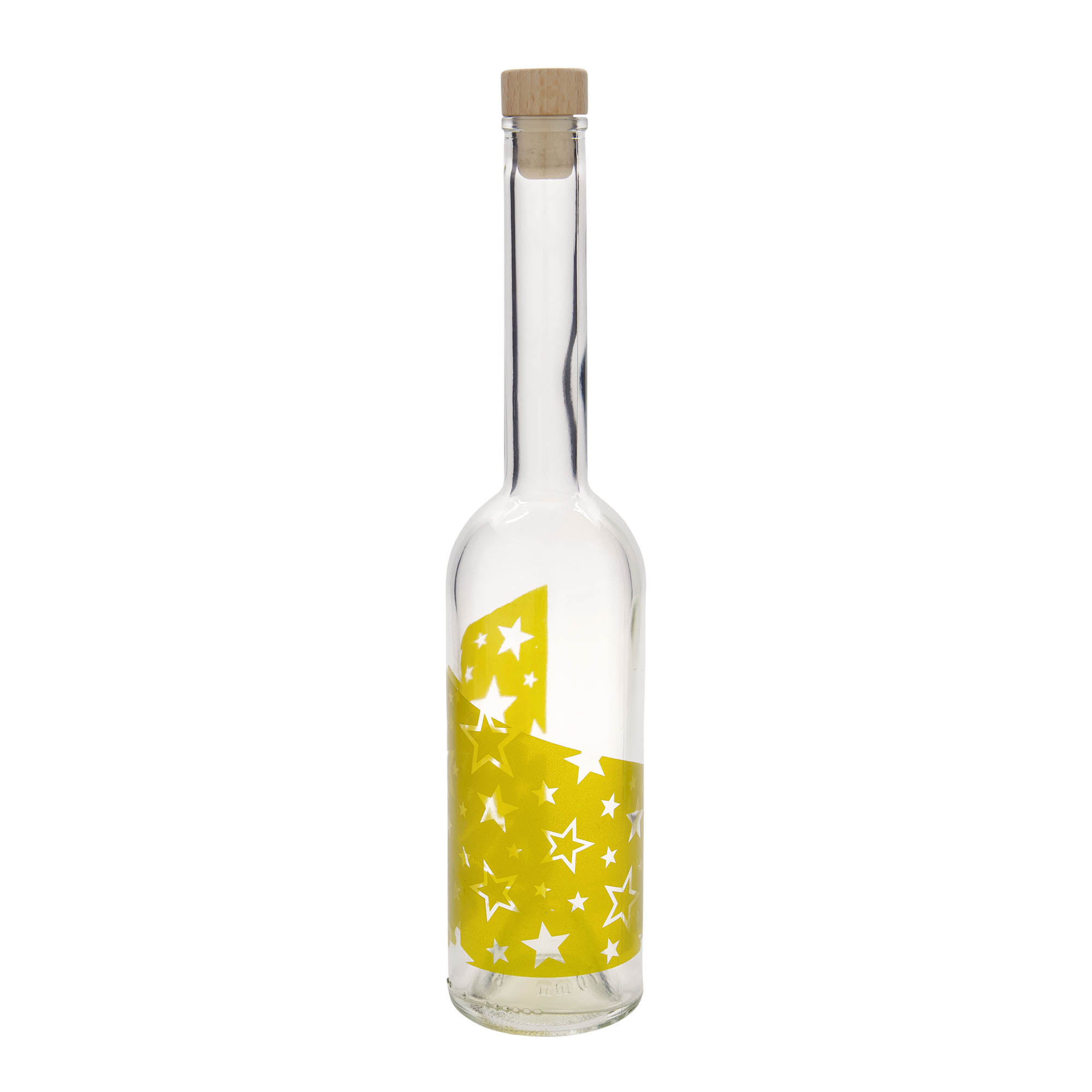 500 ml glazen fles 'Opera', motief: gouden sterren, hals: kurk 500 ml glazen fles 'Opera', motief: gouden sterren, hals: kurk