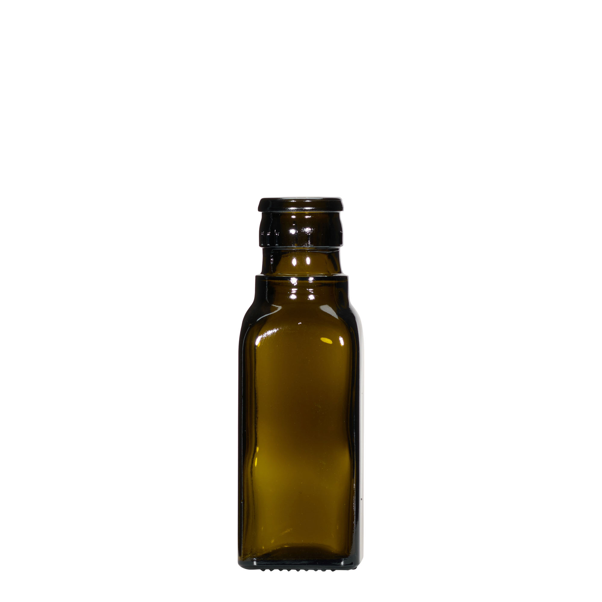 100 ml azijn-/olieflacon 'Quadra', glas, vierkant, antiekgroen, mondstuk: DOP