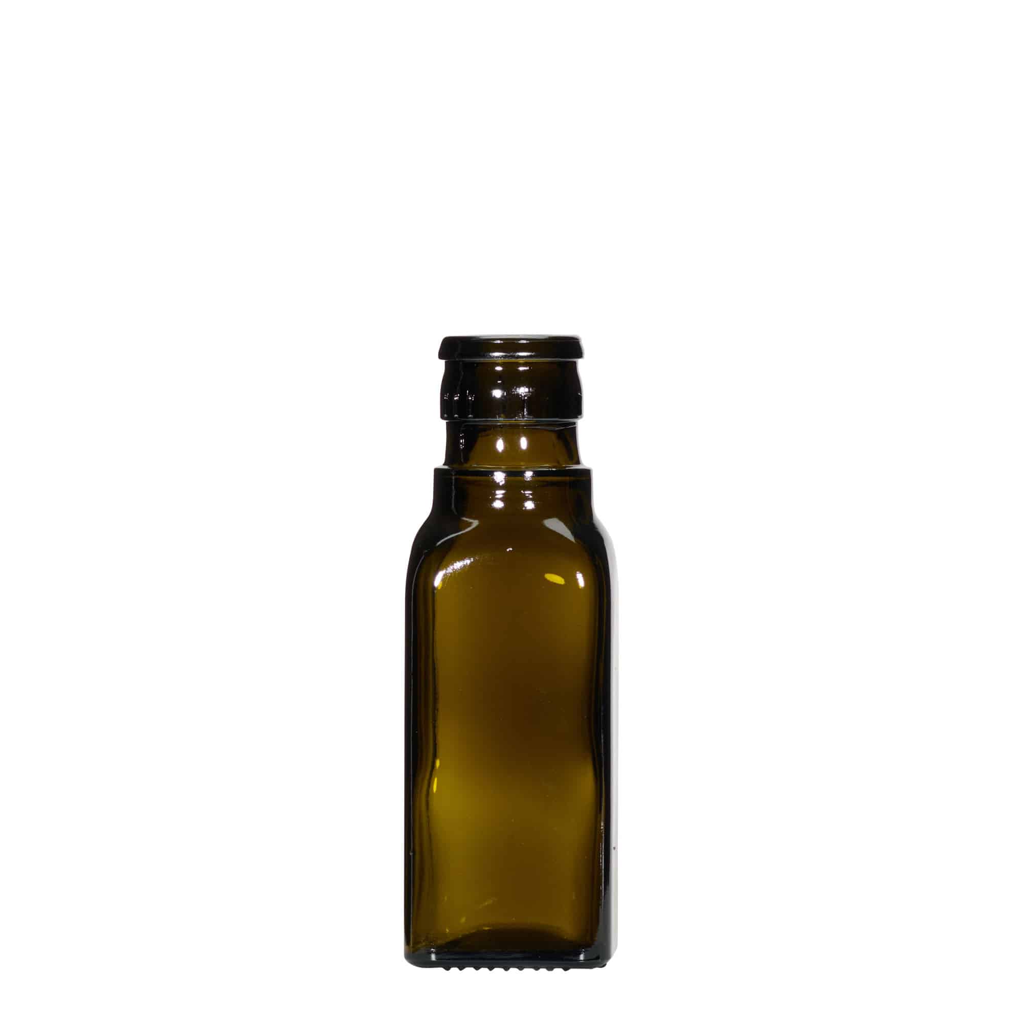 100 ml azijn-/olieflacon 'Quadra', glas, vierkant, antiekgroen, mondstuk: DOP