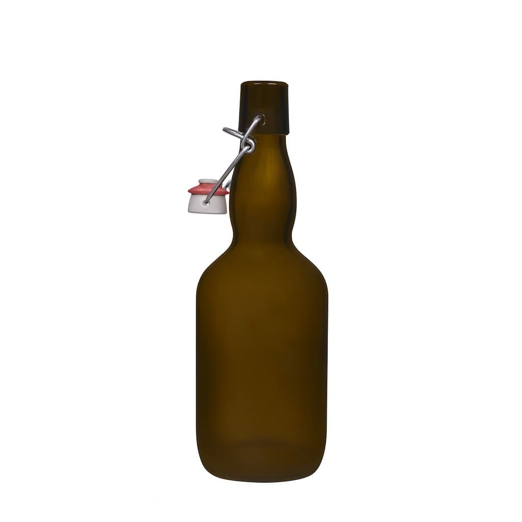 500 ml bierfles met halsverdikking, glas, antiekgroen, opening: beugelsluiting