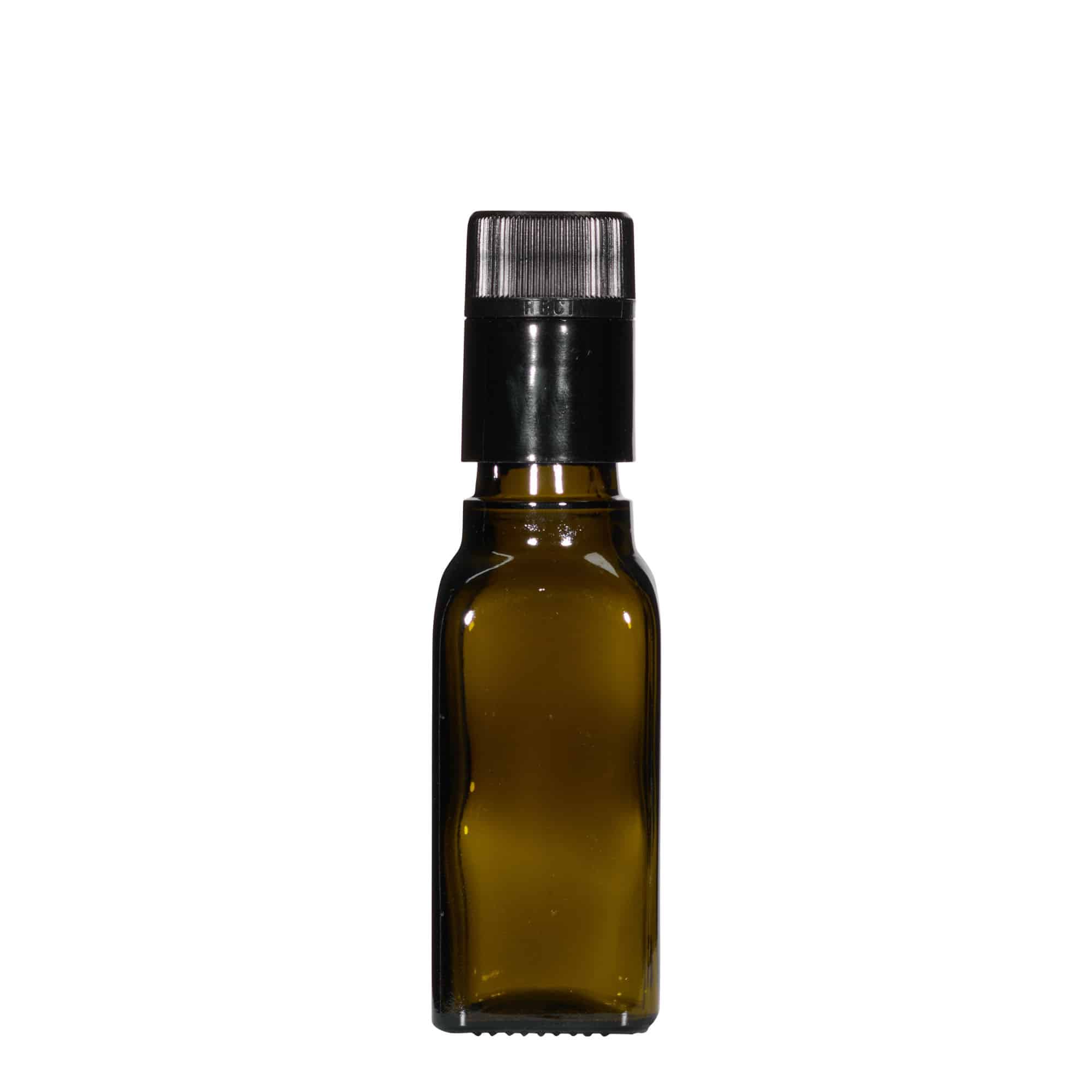 100 ml azijn-/olieflacon 'Quadra', glas, vierkant, antiekgroen, mondstuk: DOP
