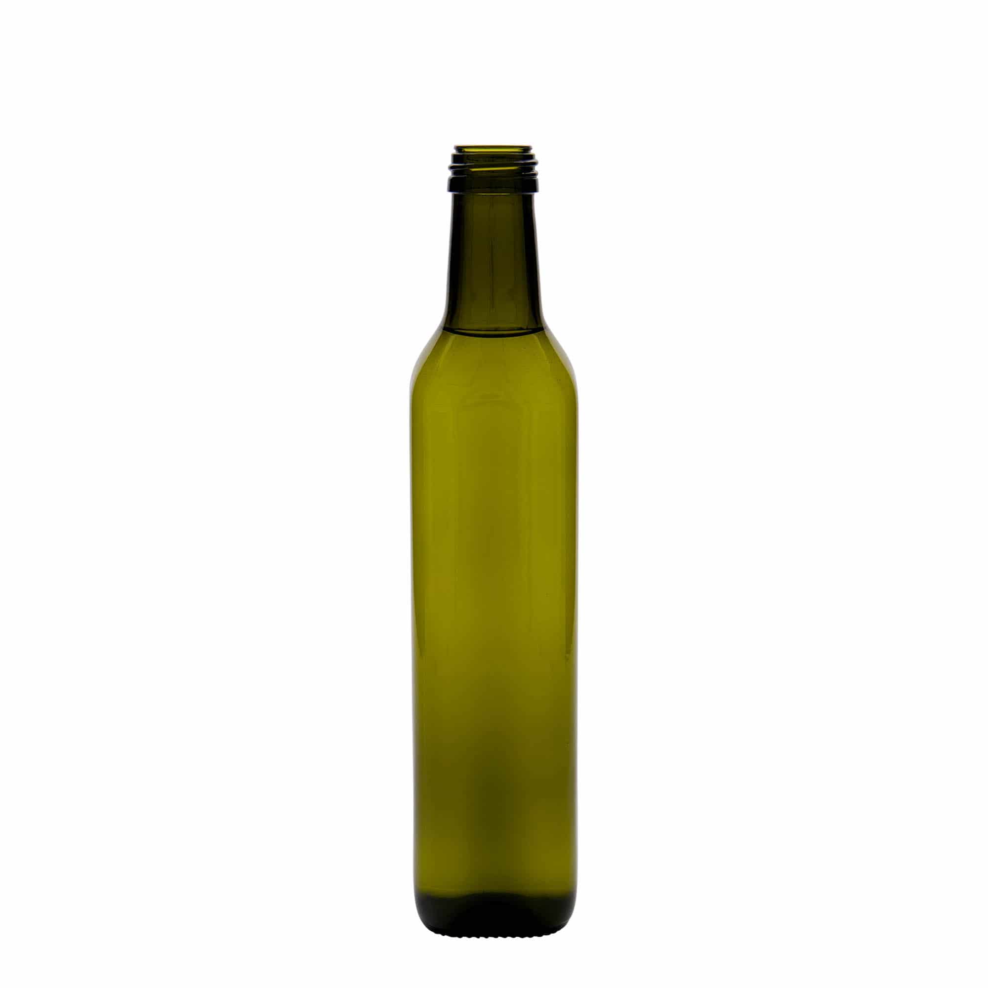 Glazen fles 'Marasca', 500 ml, vierkant, antiekgroen, monding: PP 31,5
