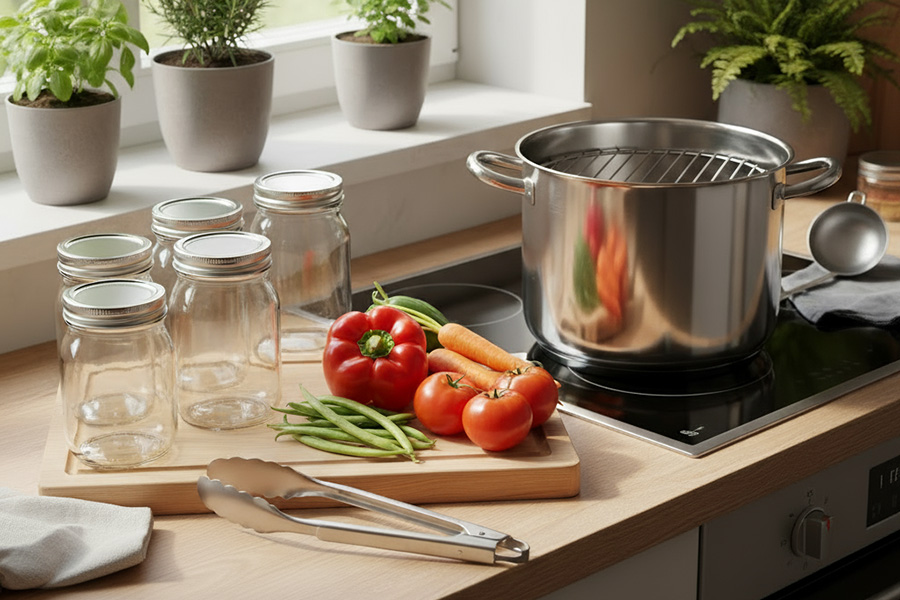 botulisme Persoon houdt een pot met ingemaakte groenten in zijn linkerhand en wijst met zijn rechterwijsvinger naar de inhoud