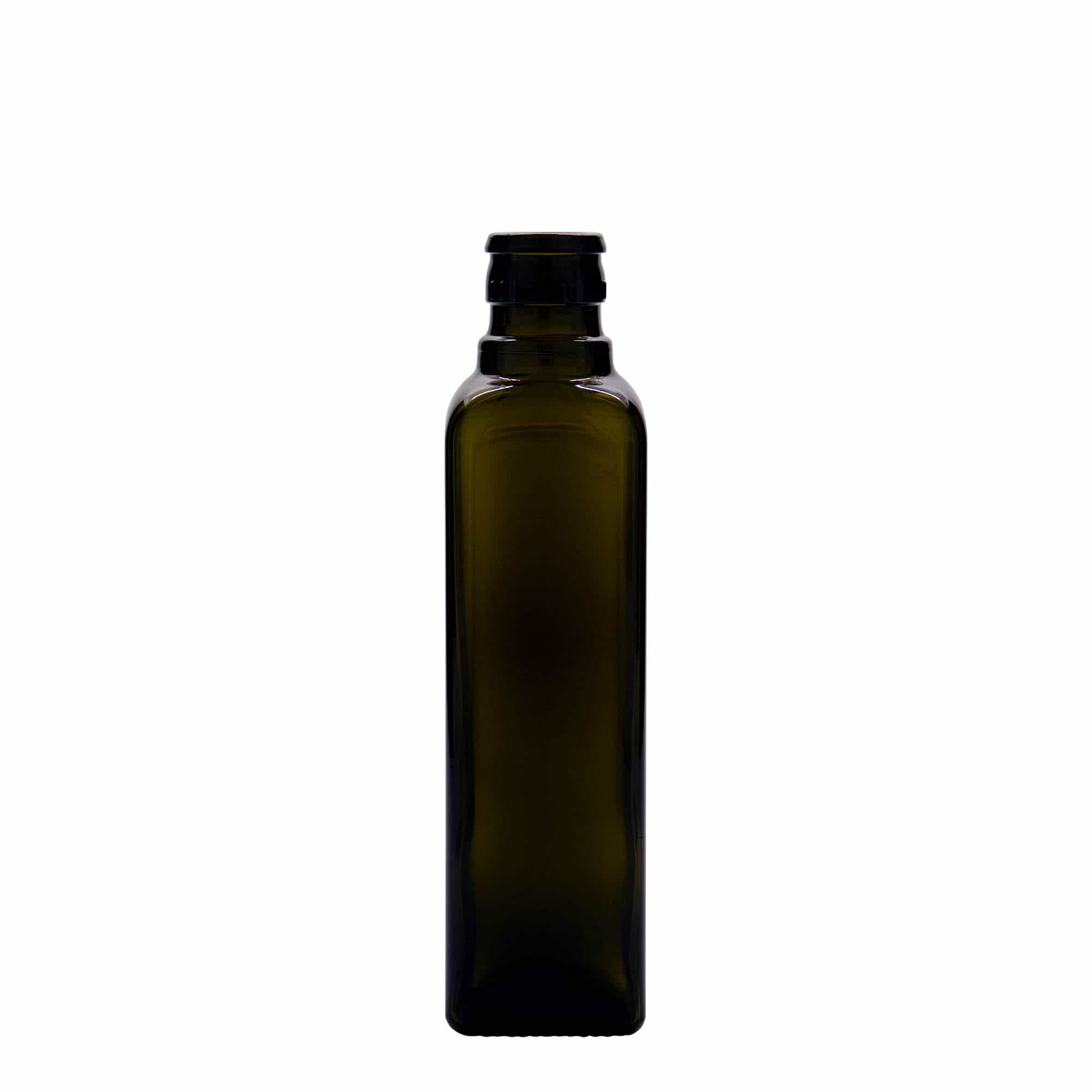 250 ml azijn-/olieflacon 'Quadra', glas, vierkant, antiekgroen, hals: DOP