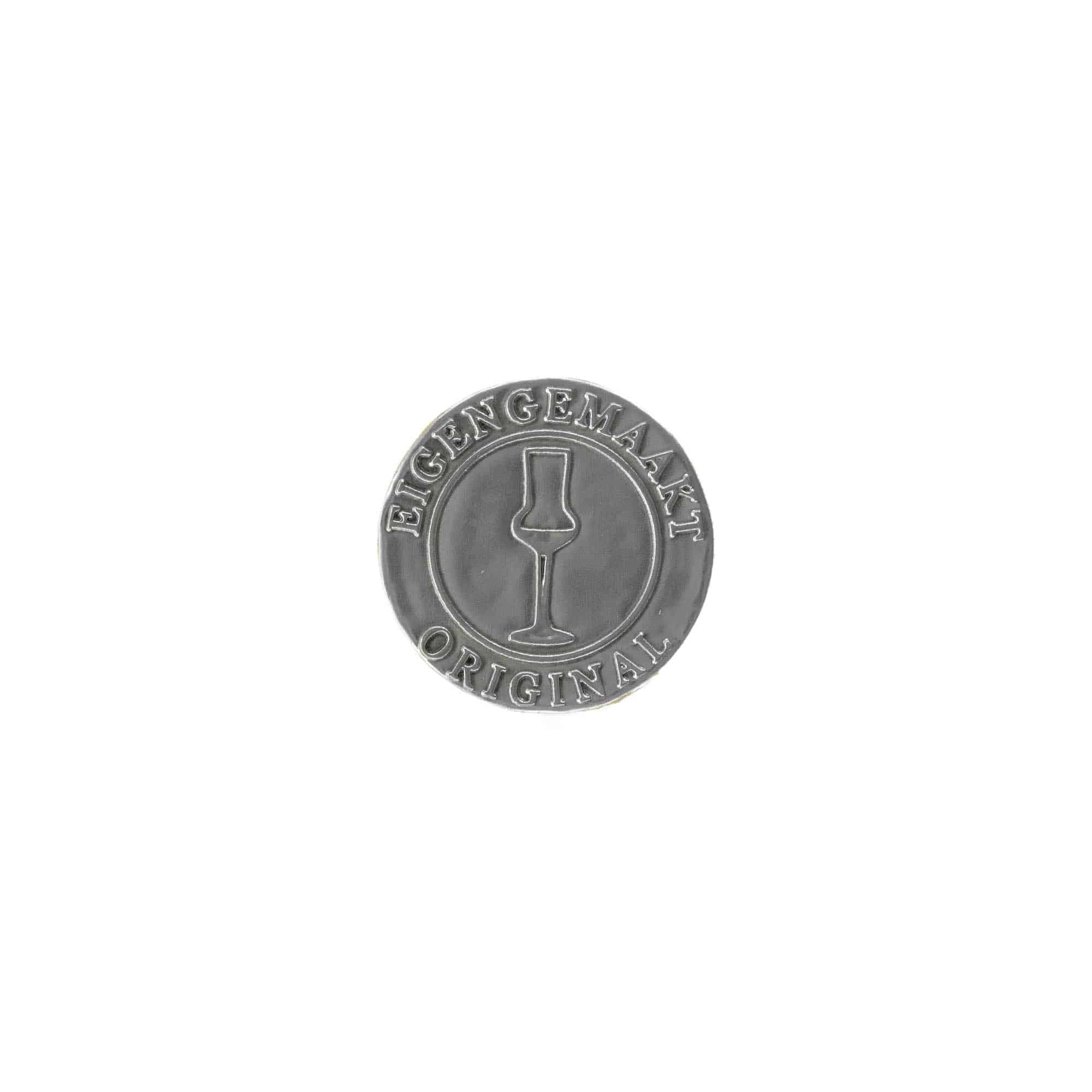 Tinnen etiket 'Eigengemaakt', rond, metaal, zilver Tinnen etiket 'Eigengemaakt', rond, metaal, zilver