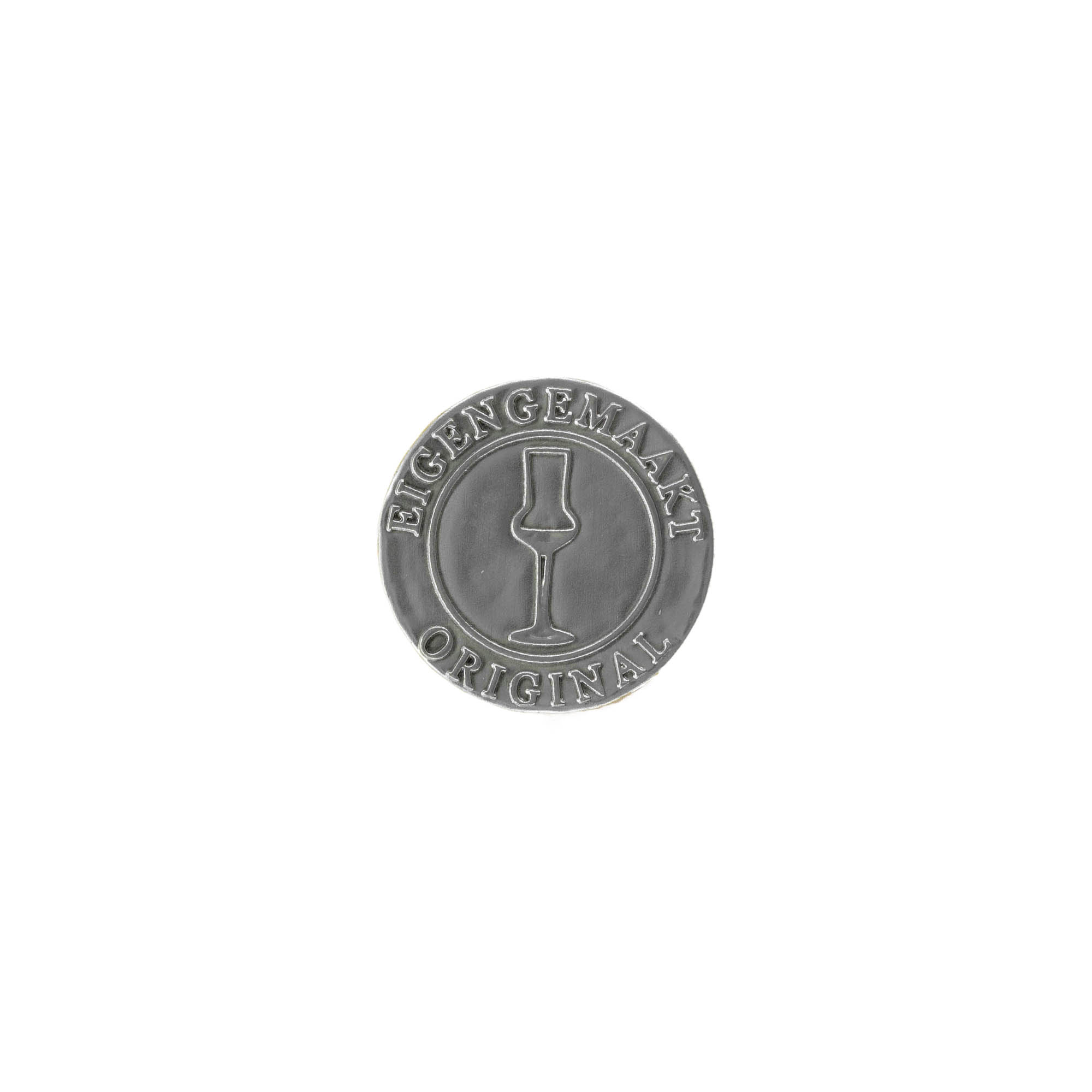 Bliketiket 'Zelfgemaakt', rund, metaal, zilver Bliketiket 'Zelfgemaakt', rund, metaal, zilver