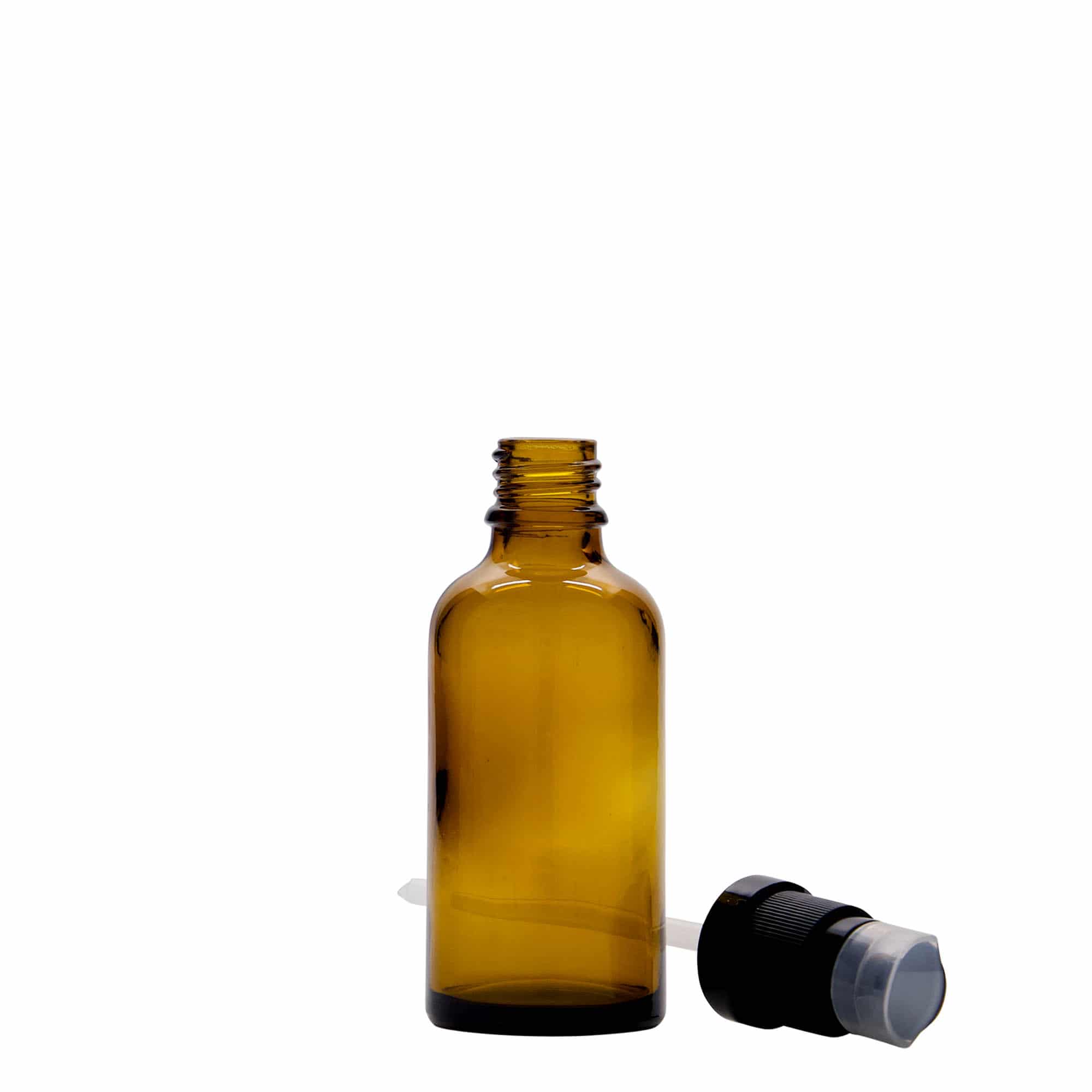 50 ml medicijnfles met lotionpomp, glas, bruin, opening: DIN 18