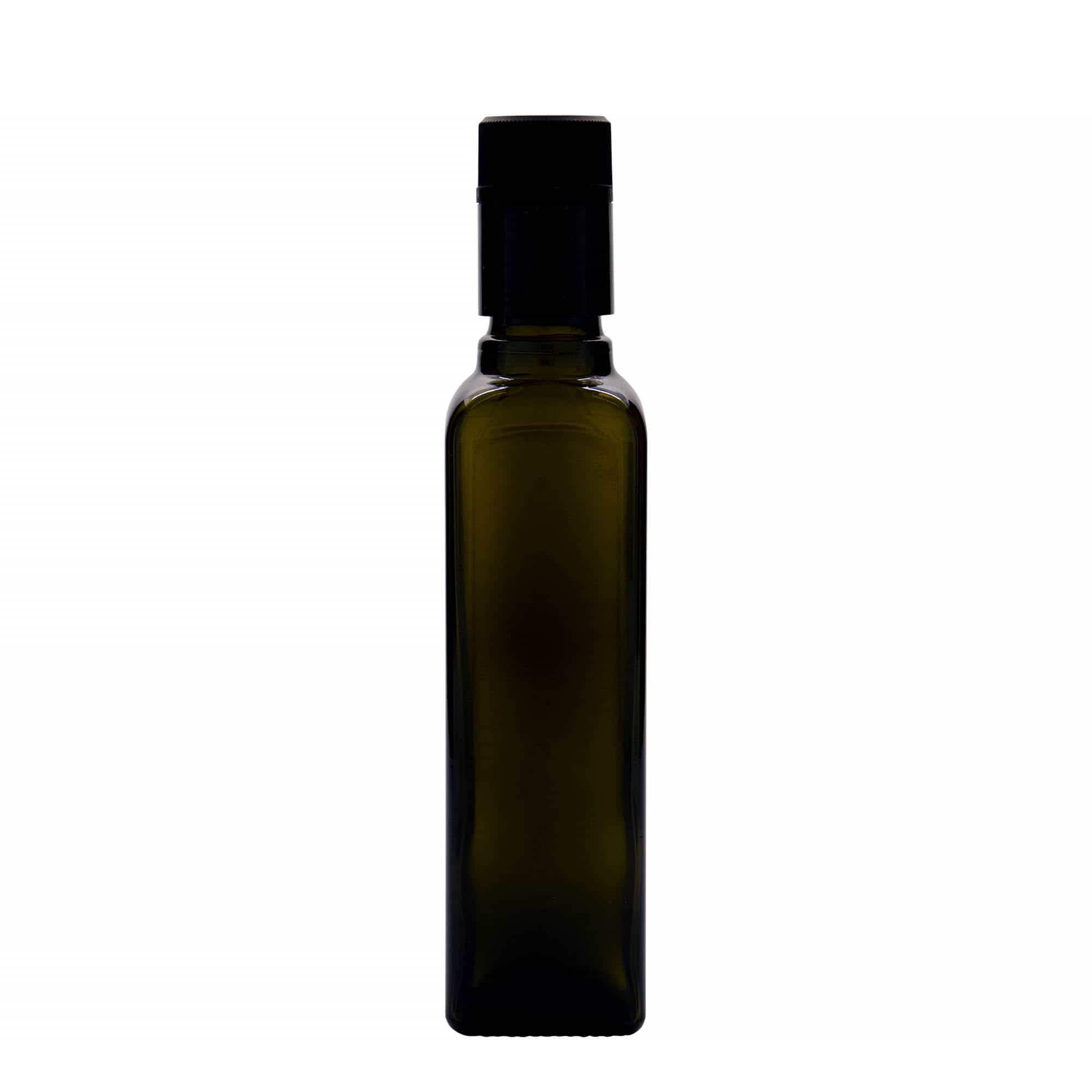 250 ml azijn-/olieflacon 'Quadra', glas, vierkant, antiekgroen, hals: DOP
