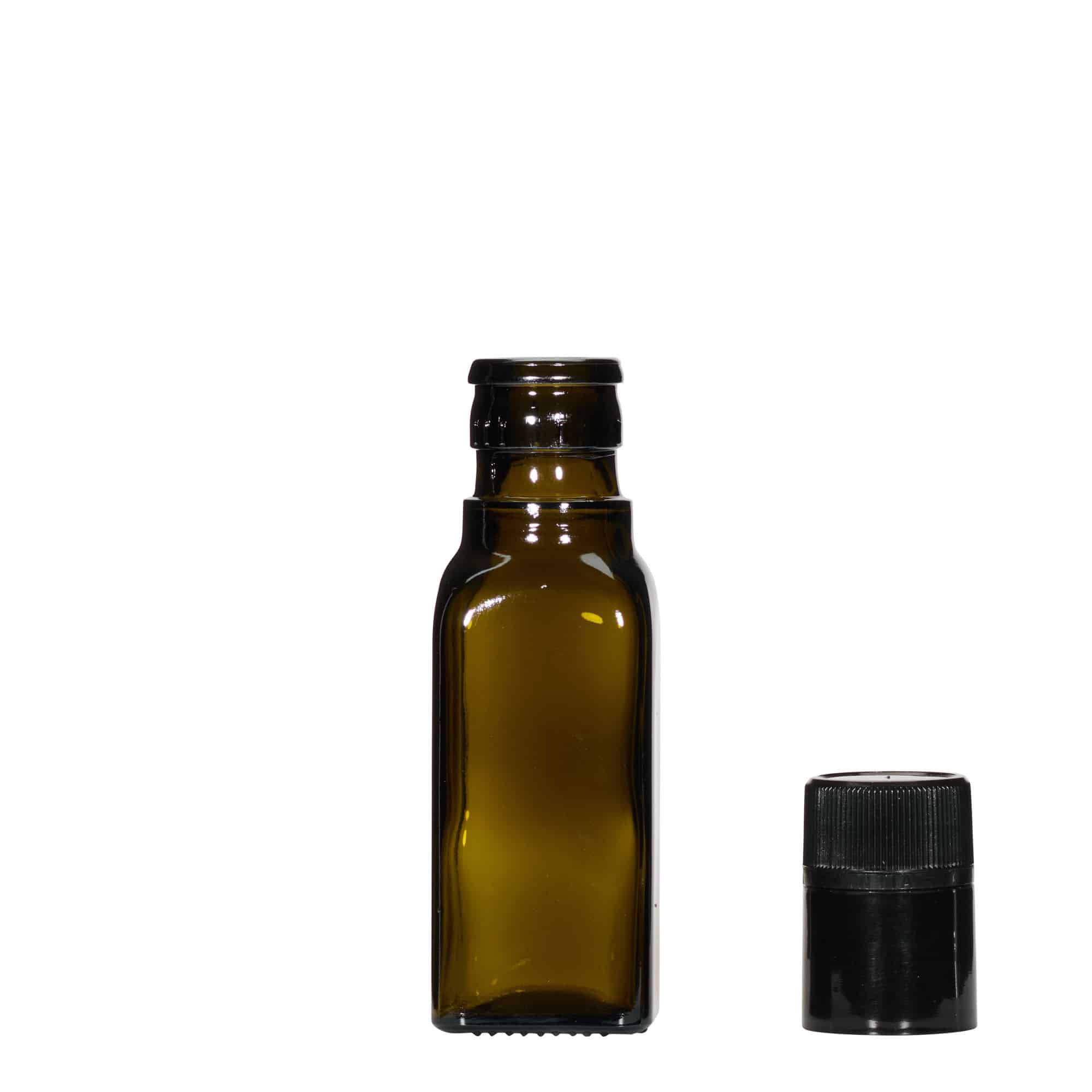 100 ml azijn-/olieflacon 'Quadra', glas, vierkant, antiekgroen, mondstuk: DOP