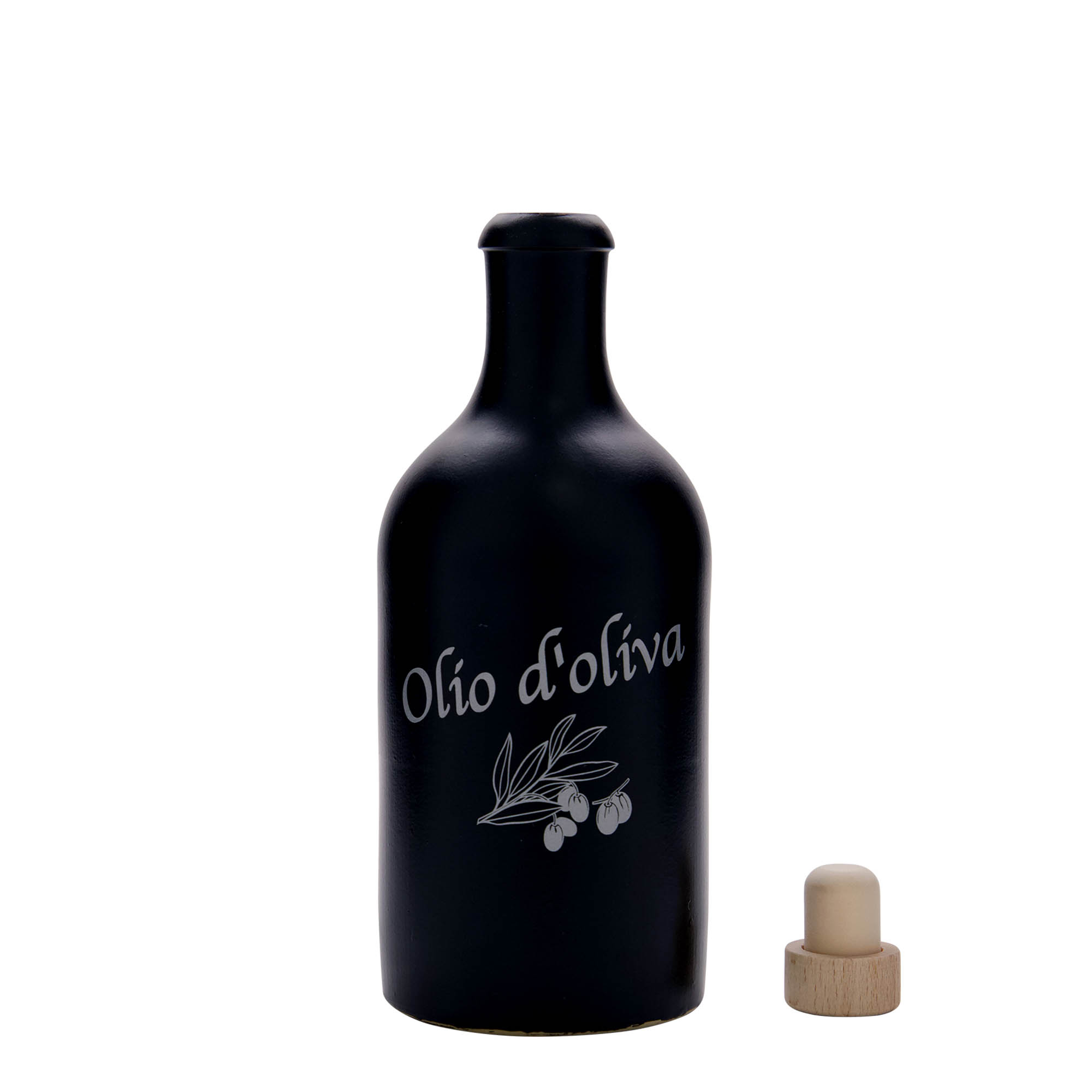 500 ml Tonkruik, motief: Olio d'Oliva, steengoed, zwart, monding: kurk 500 ml Tonkruik, motief: Olio d'Oliva, steengoed, zwart, monding: kurk