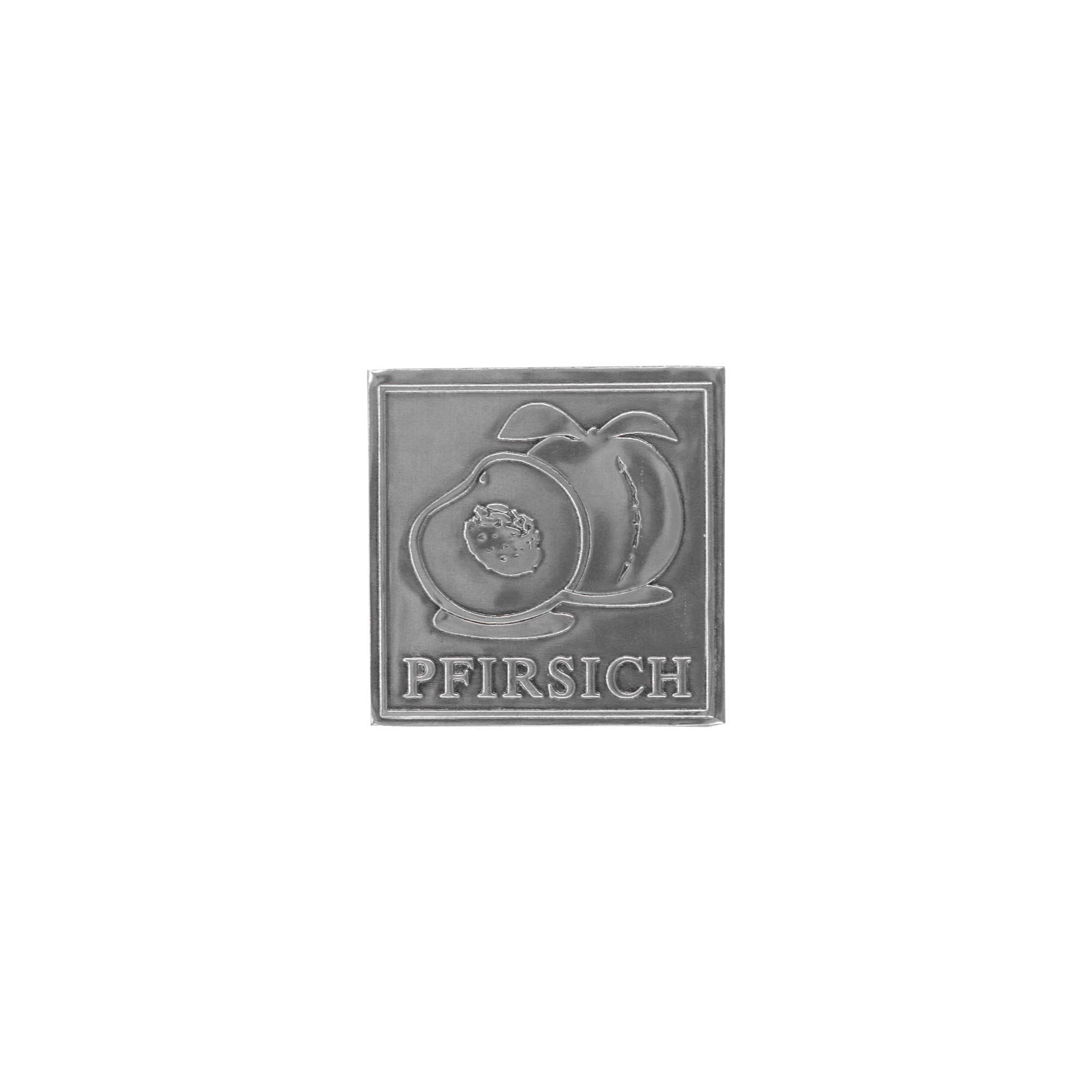 Bliketiket 'Perzik', vierkant, metaal, zilver Bliketiket 'Perzik', vierkant, metaal, zilver