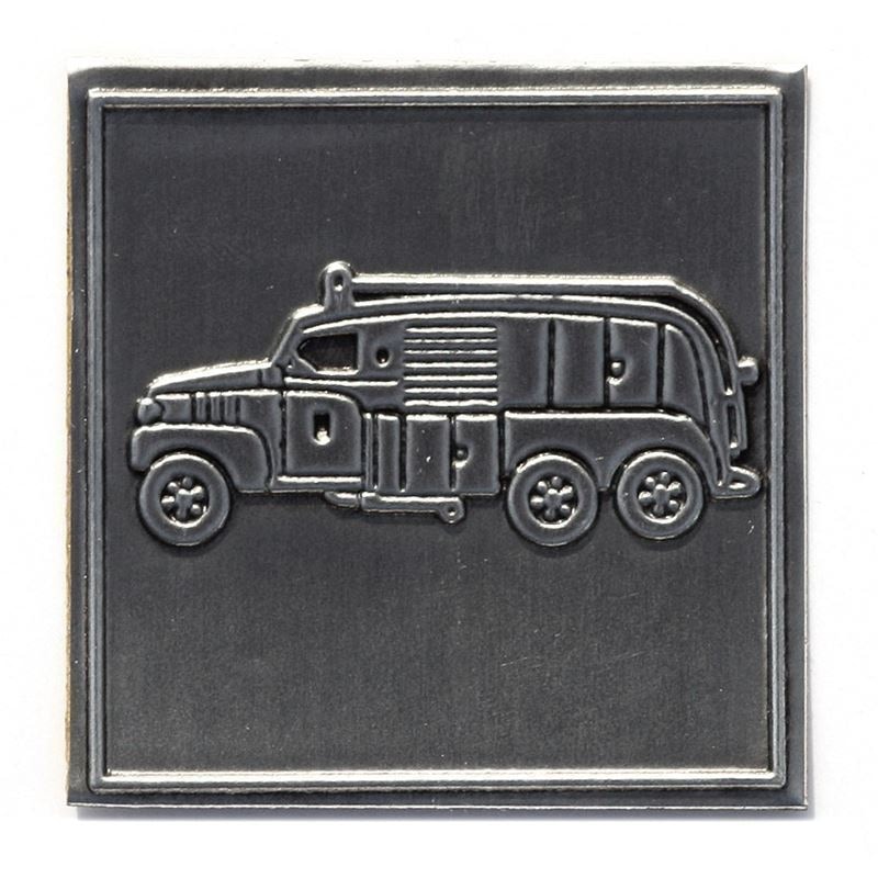 Blikken etiket 'Brandweerwagen', vierkant, metaal, zilver Blikken etiket 'Brandweerwagen', vierkant, metaal, zilver