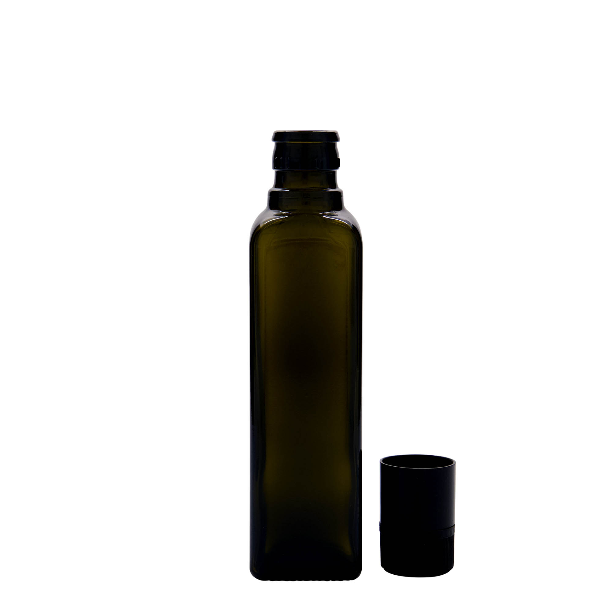 250 ml azijn-/olieflacon 'Quadra', glas, vierkant, antiekgroen, hals: DOP