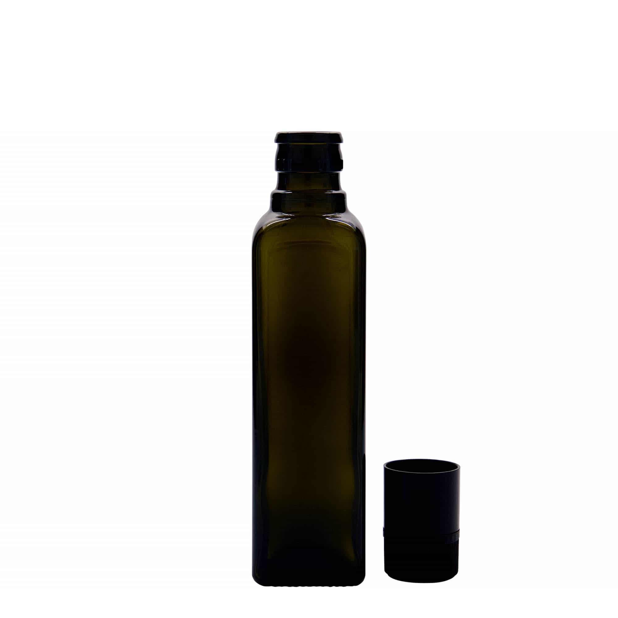250 ml azijn-/olieflacon 'Quadra', glas, vierkant, antiekgroen, hals: DOP