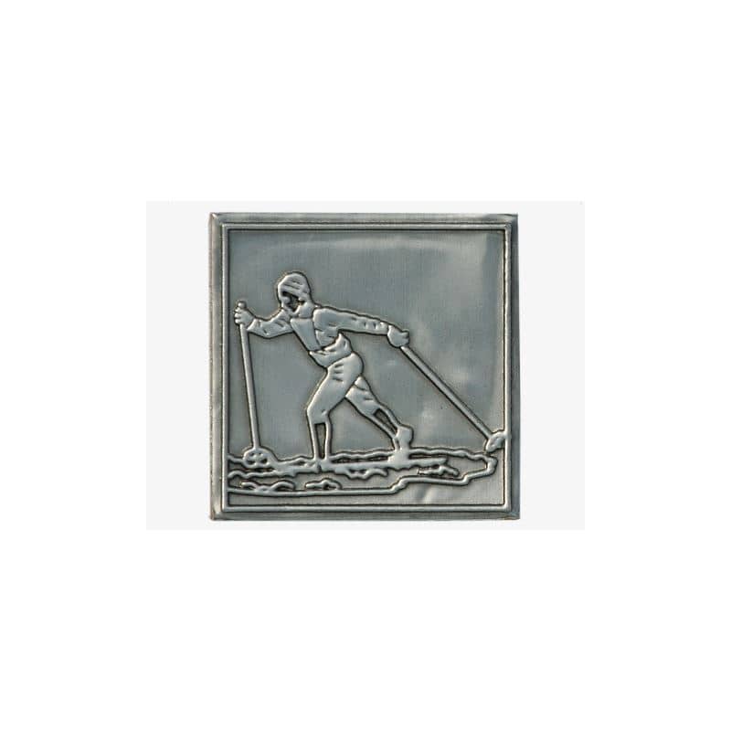 Tinnen etiket 'Langlaufer', vierkant, metaal, zilver Tinnen etiket 'Langlaufer', vierkant, metaal, zilver