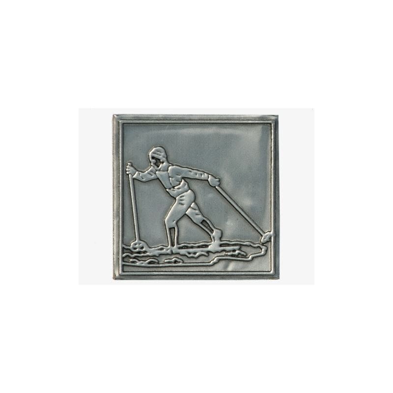 Zinnetiket 'Skilangläufer', vierkant, metaal, zilver