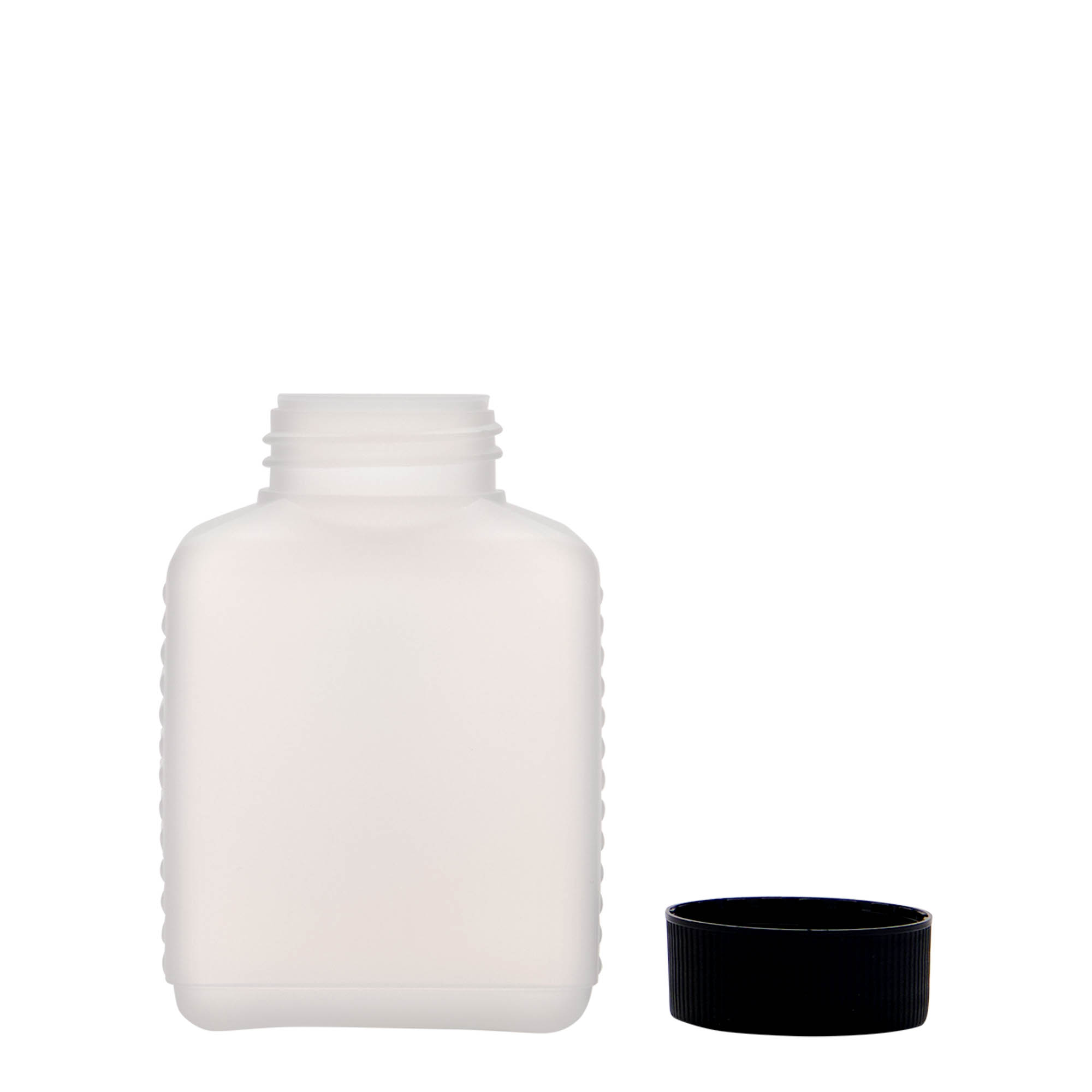 250 ml brede halsfles, rechthoekig, HDPE-kunststof, naturel, opening: DIN 40 EPE 250 ml brede halsfles, rechthoekig, HDPE-kunststof, naturel, opening: DIN 40 EPE