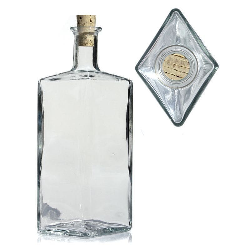 Glazen fles 'Riva', 500 ml, ruitvormig, monding: kurk