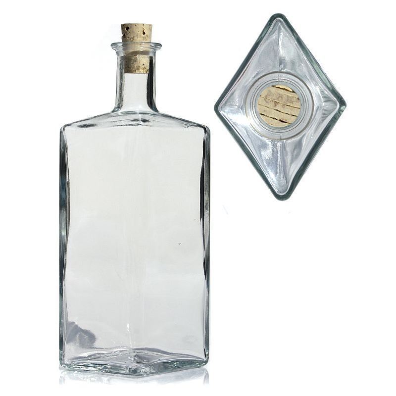 500 ml glazen fles 'Riva', ruitvormig, opening: kurk 500 ml glazen fles 'Riva', ruitvormig, opening: kurk