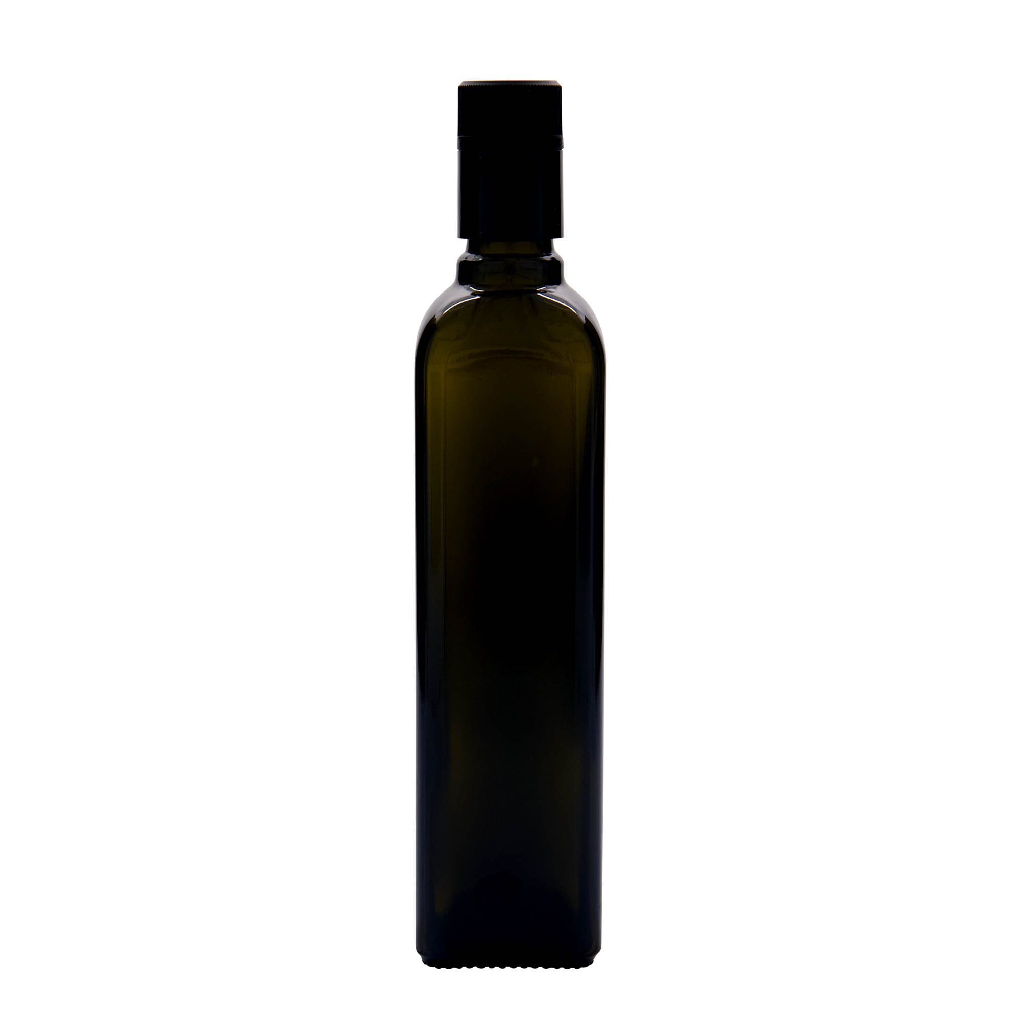 500 ml azijn-/olieflacon 'Quadra', glas, vierkant, antiekgroen, mondstuk: DOP
