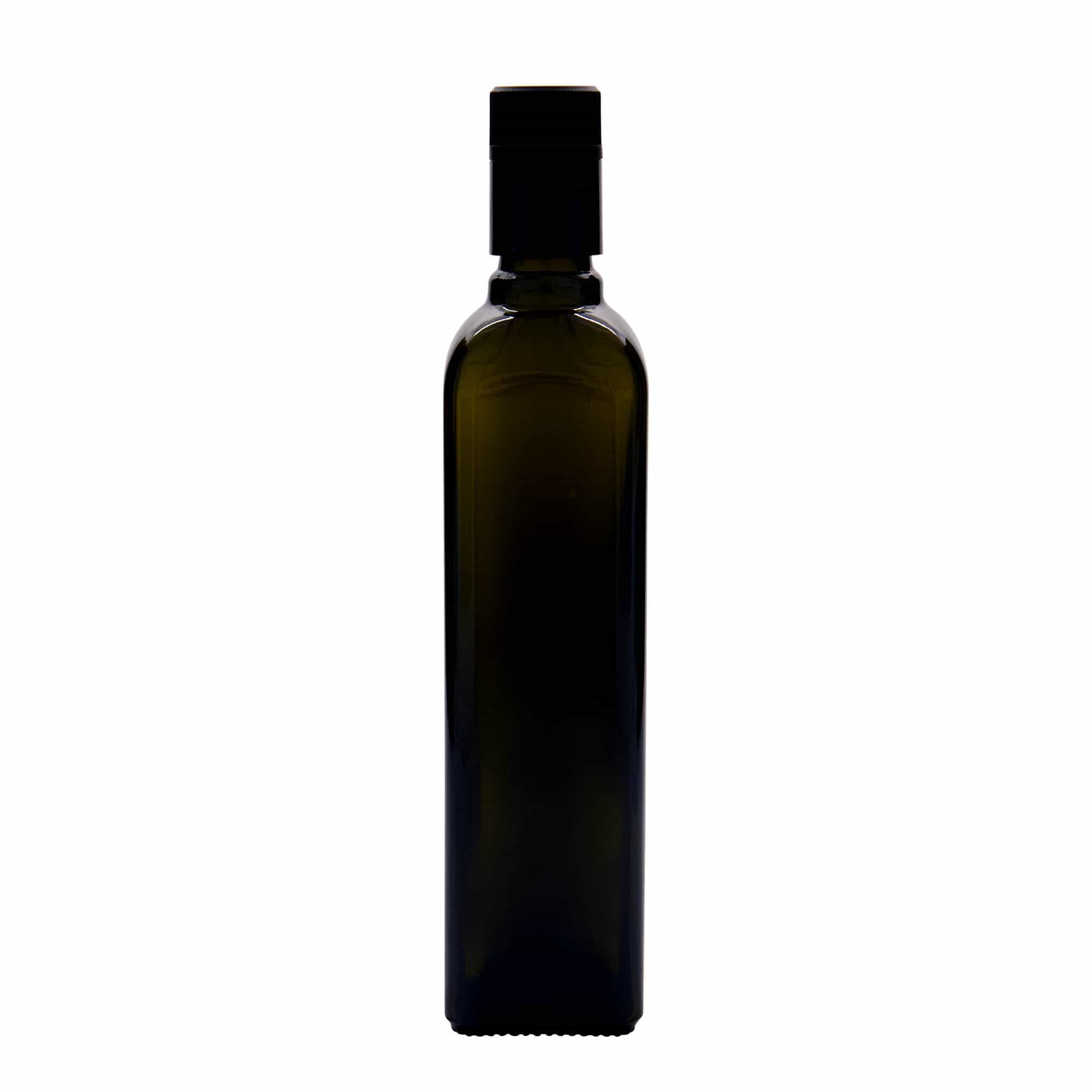 500 ml azijn-/olieflacon 'Quadra', glas, vierkant, antiekgroen, mondstuk: DOP