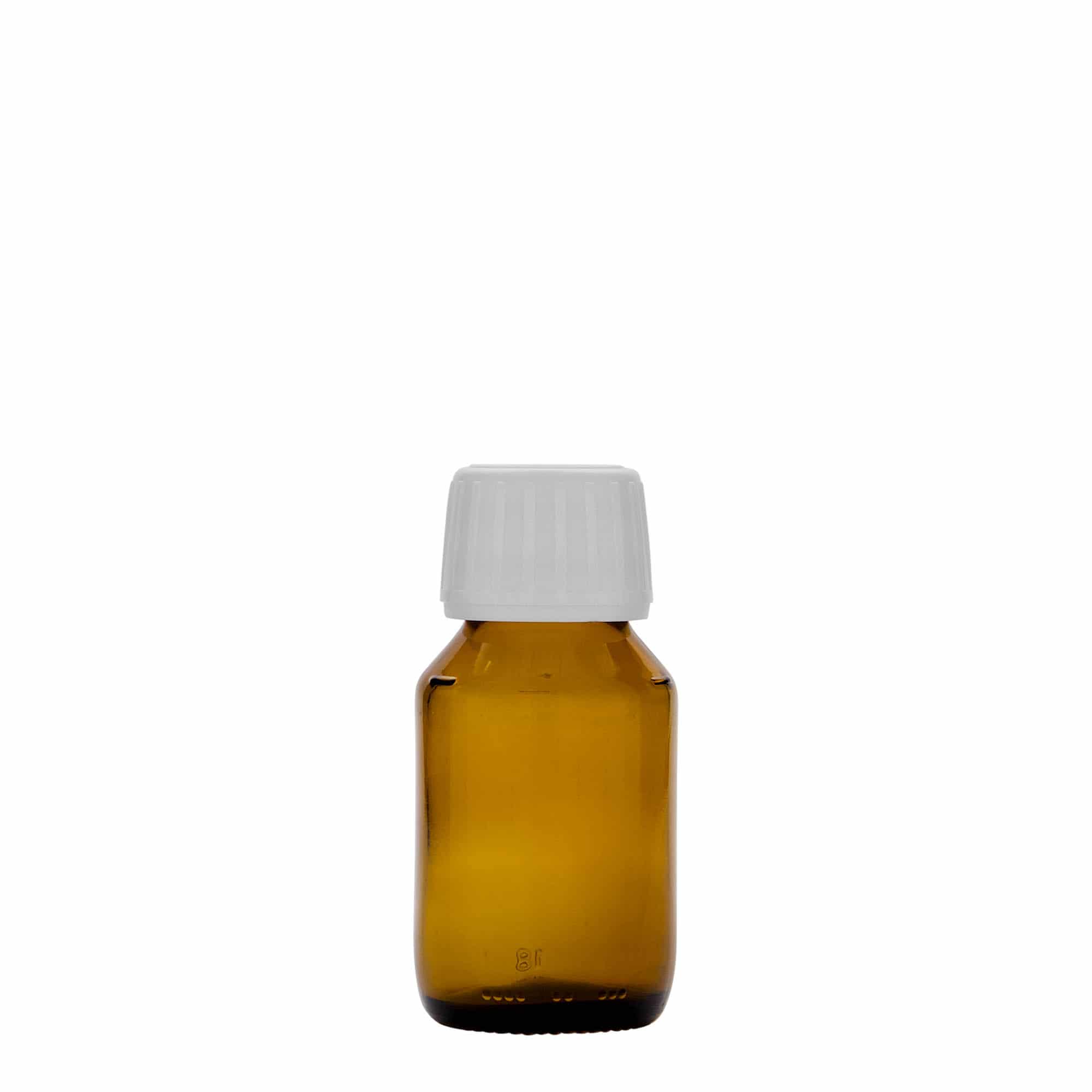 50 ml medicijnflesje, bruin, glas, opening: PP 28