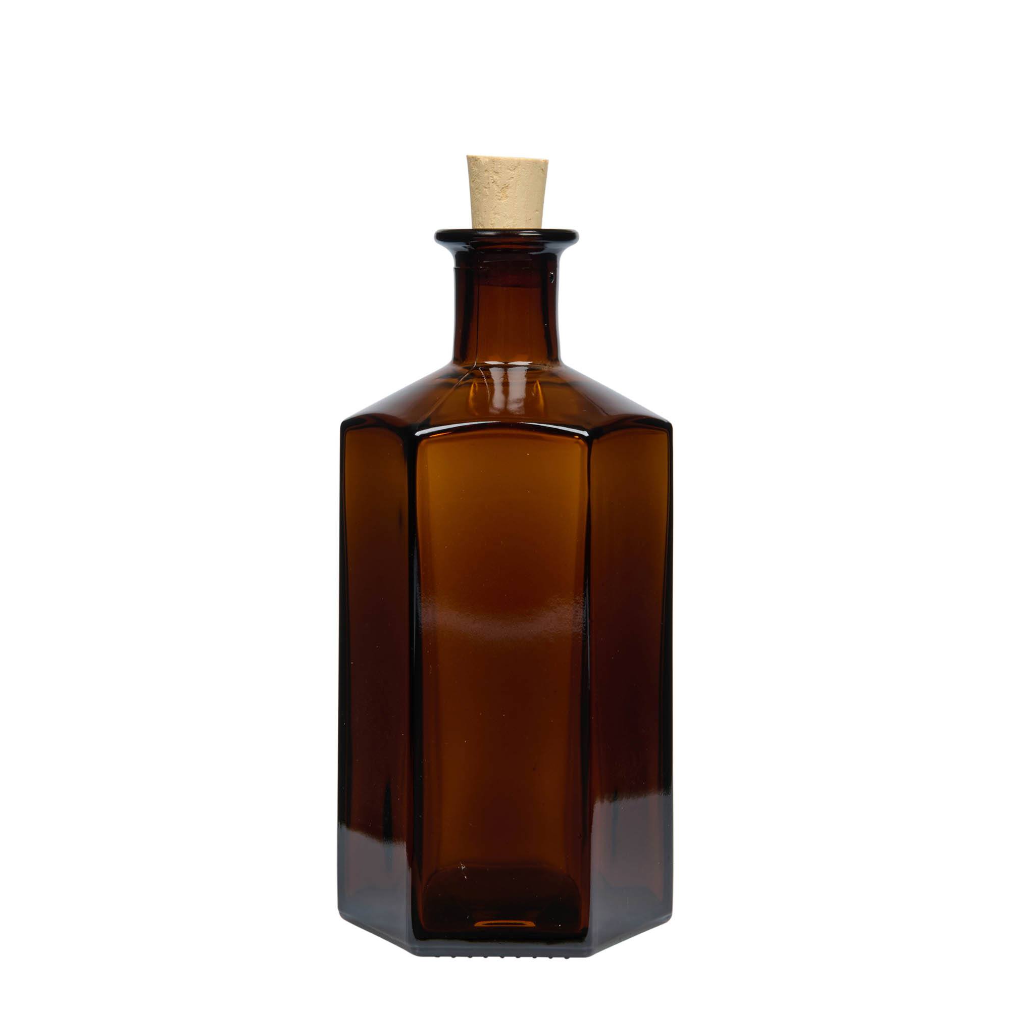 500 ml glazen fles apotheker 'Jimmy', zeshoekig, bruin, opening: kurk