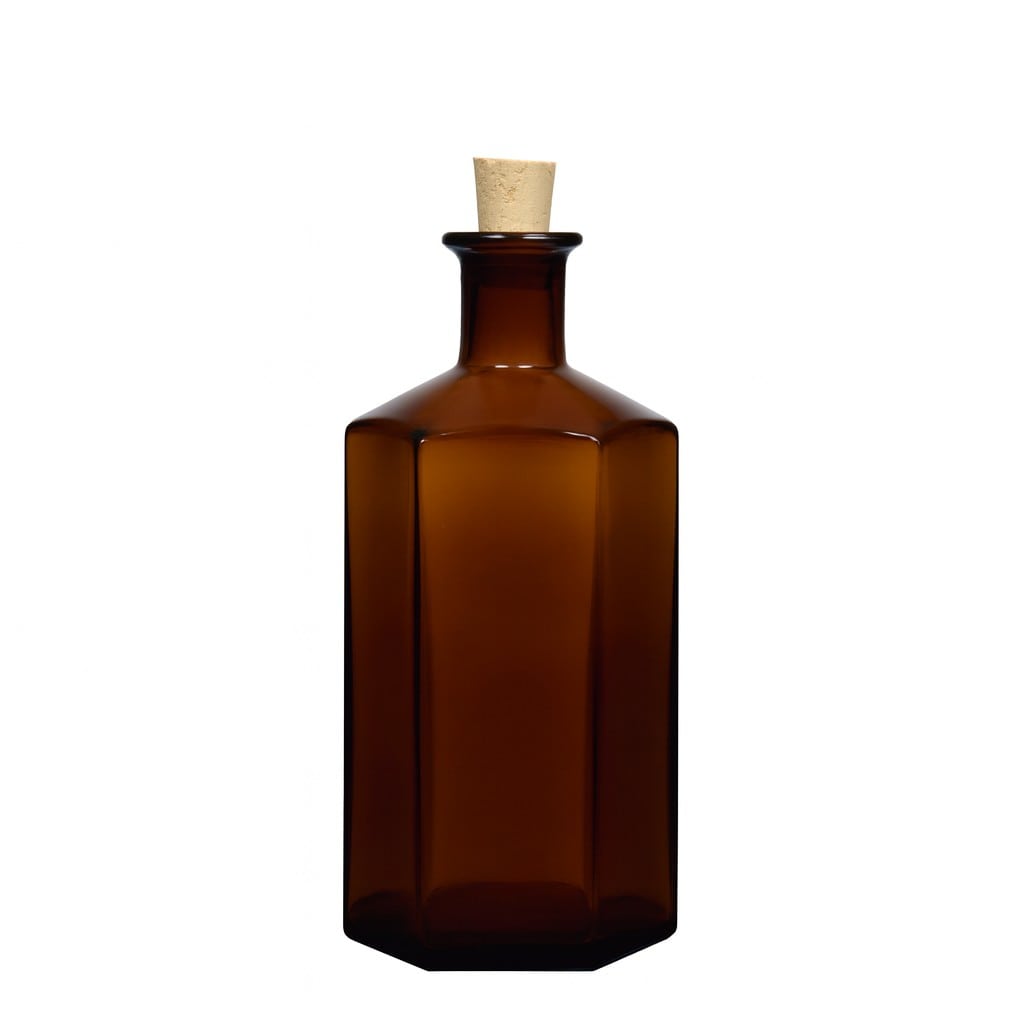 500 ml glazen fles apotheker 'Jimmy', zeshoekig, bruin, opening: kurk