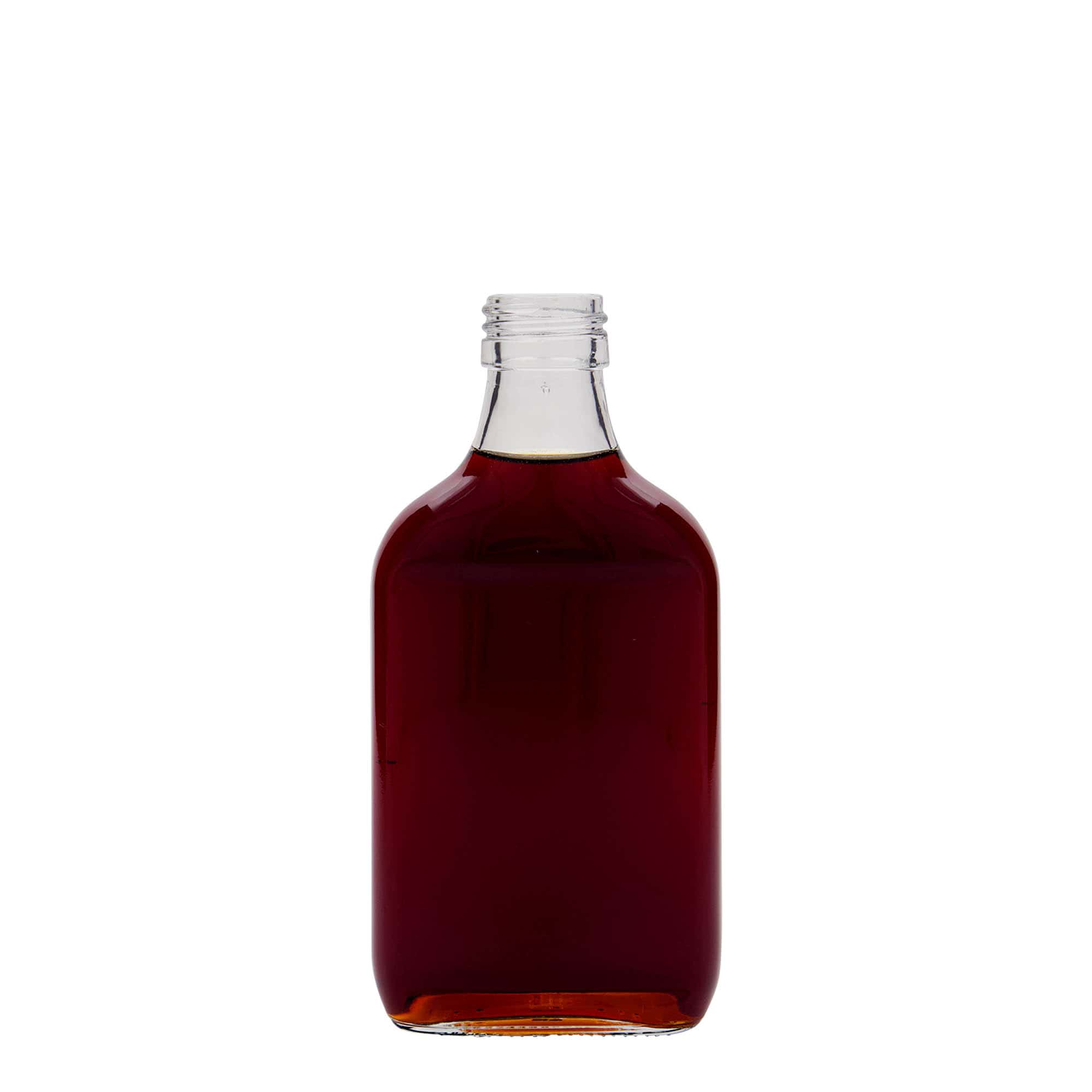 200 ml zakfles, rechthoekig, glas, opening: PP 28