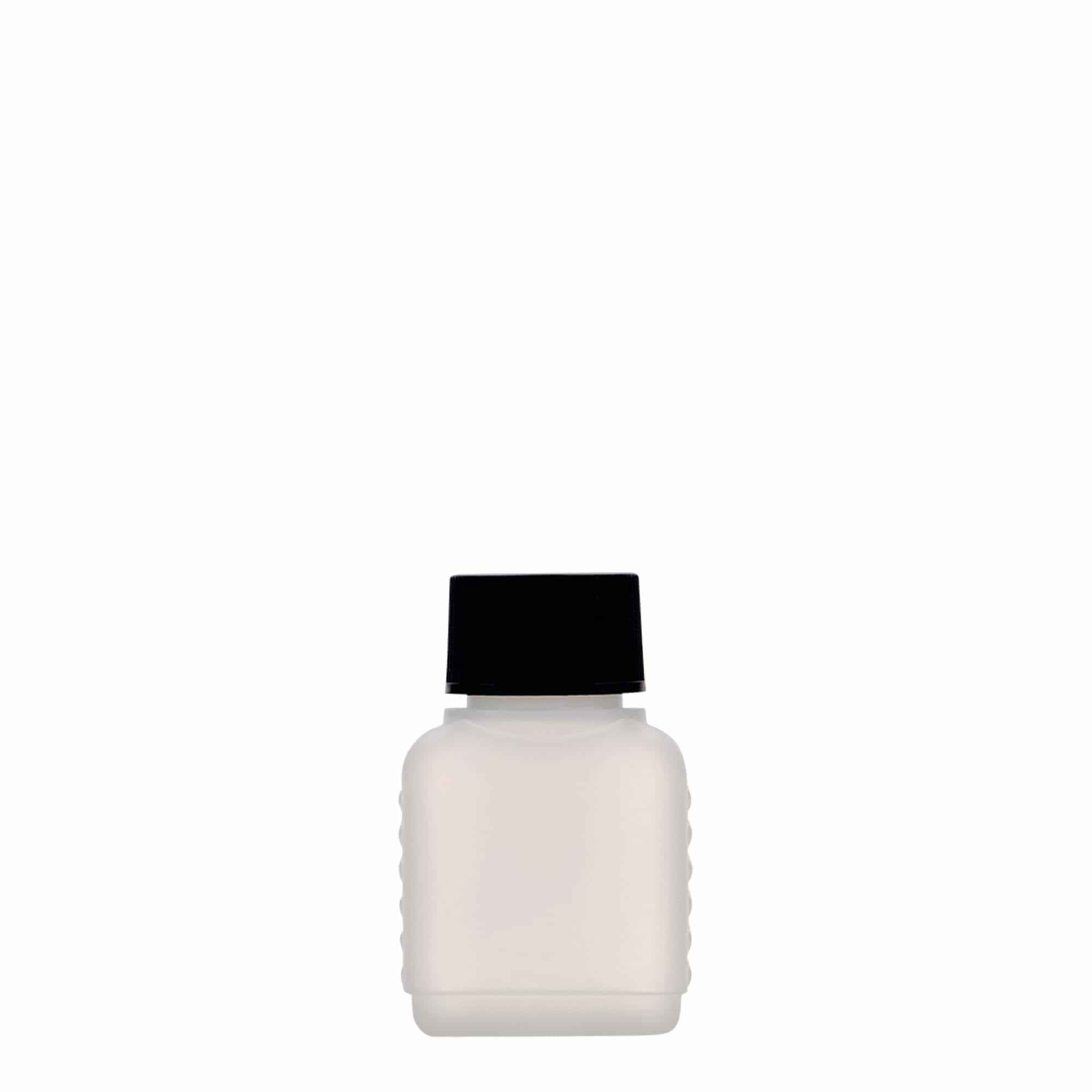 50 ml kanisterfles, rechthoekig, HDPE-kunststof, natuurlijk, opening: DIN 25