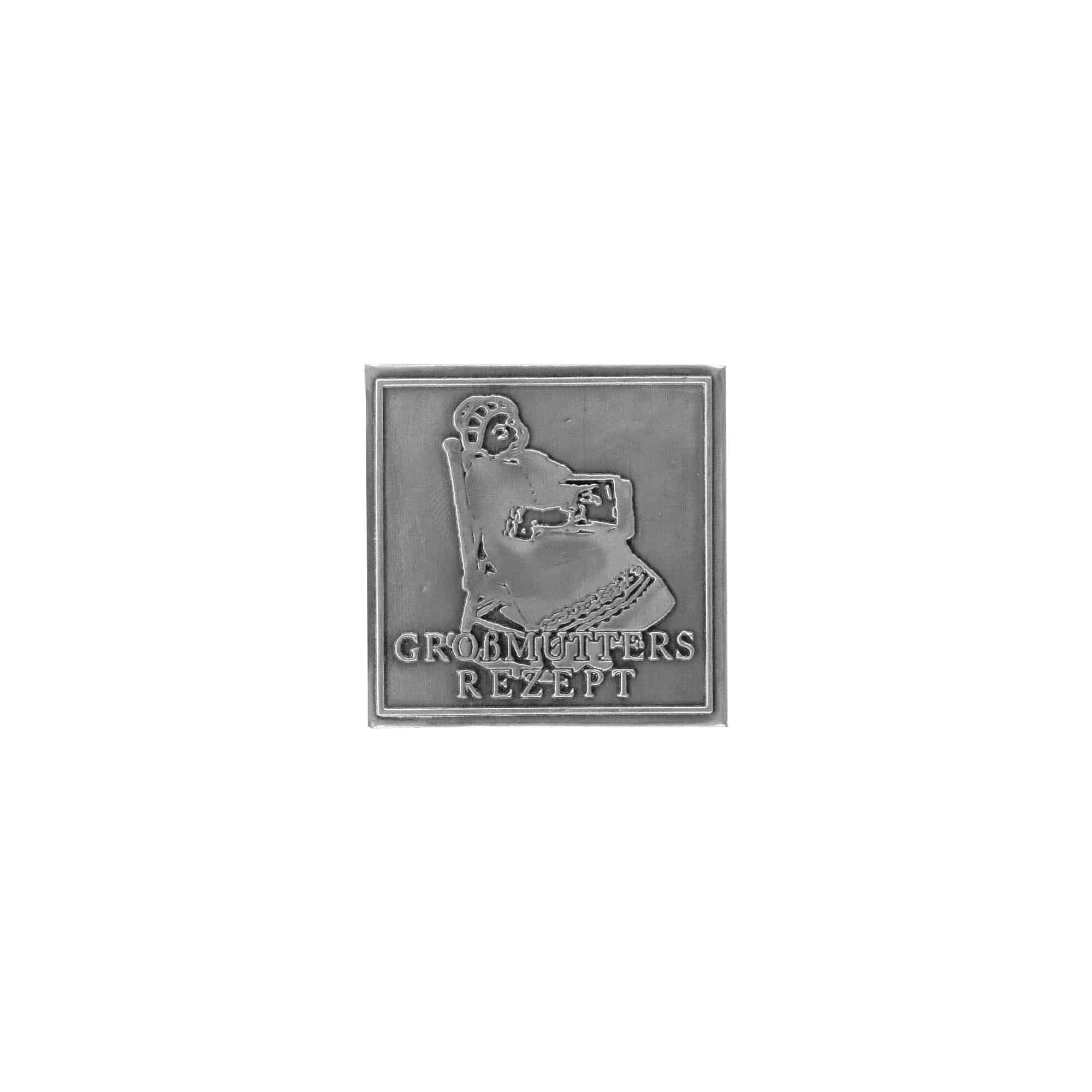 Tinlabel 'Grootmoeders Recept', vierkant, metaal, zilver Tinlabel 'Grootmoeders Recept', vierkant, metaal, zilver