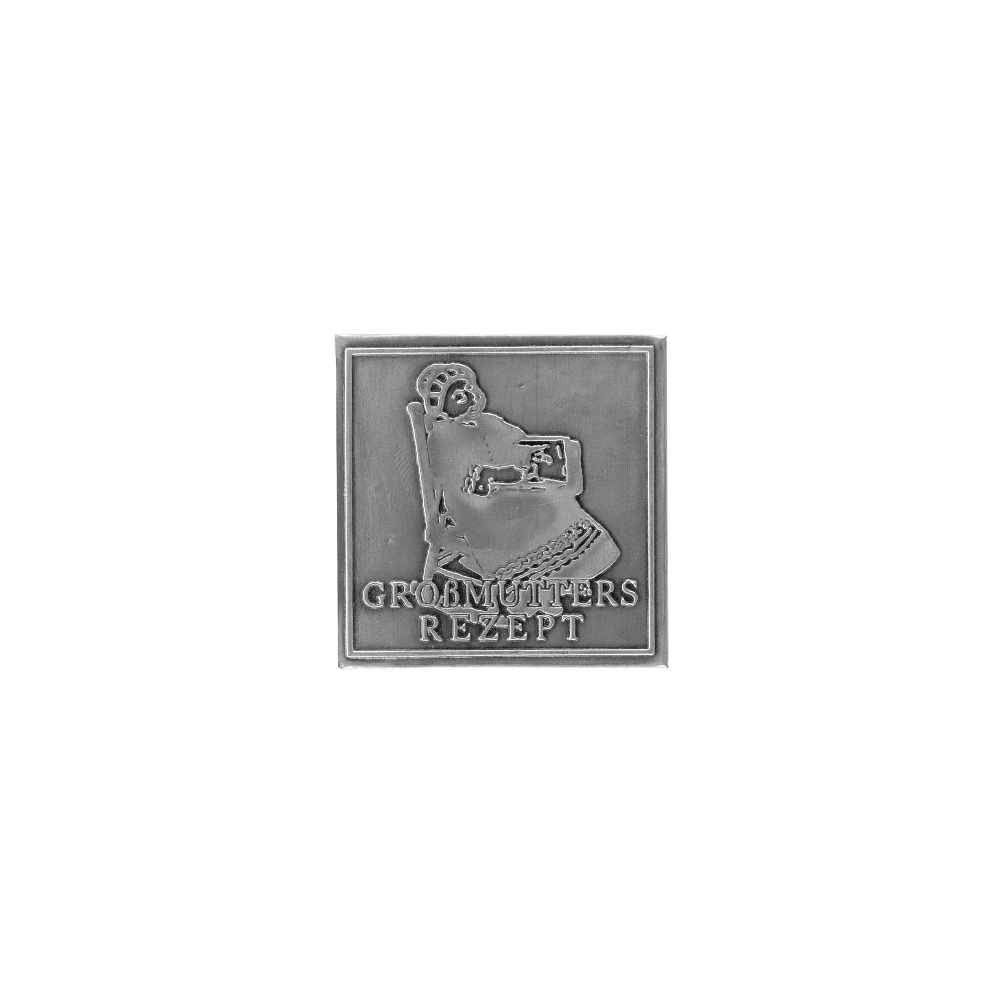 Tinlabel 'Grootmoeders Recept', vierkant, metaal, zilver Tinlabel 'Grootmoeders Recept', vierkant, metaal, zilver
