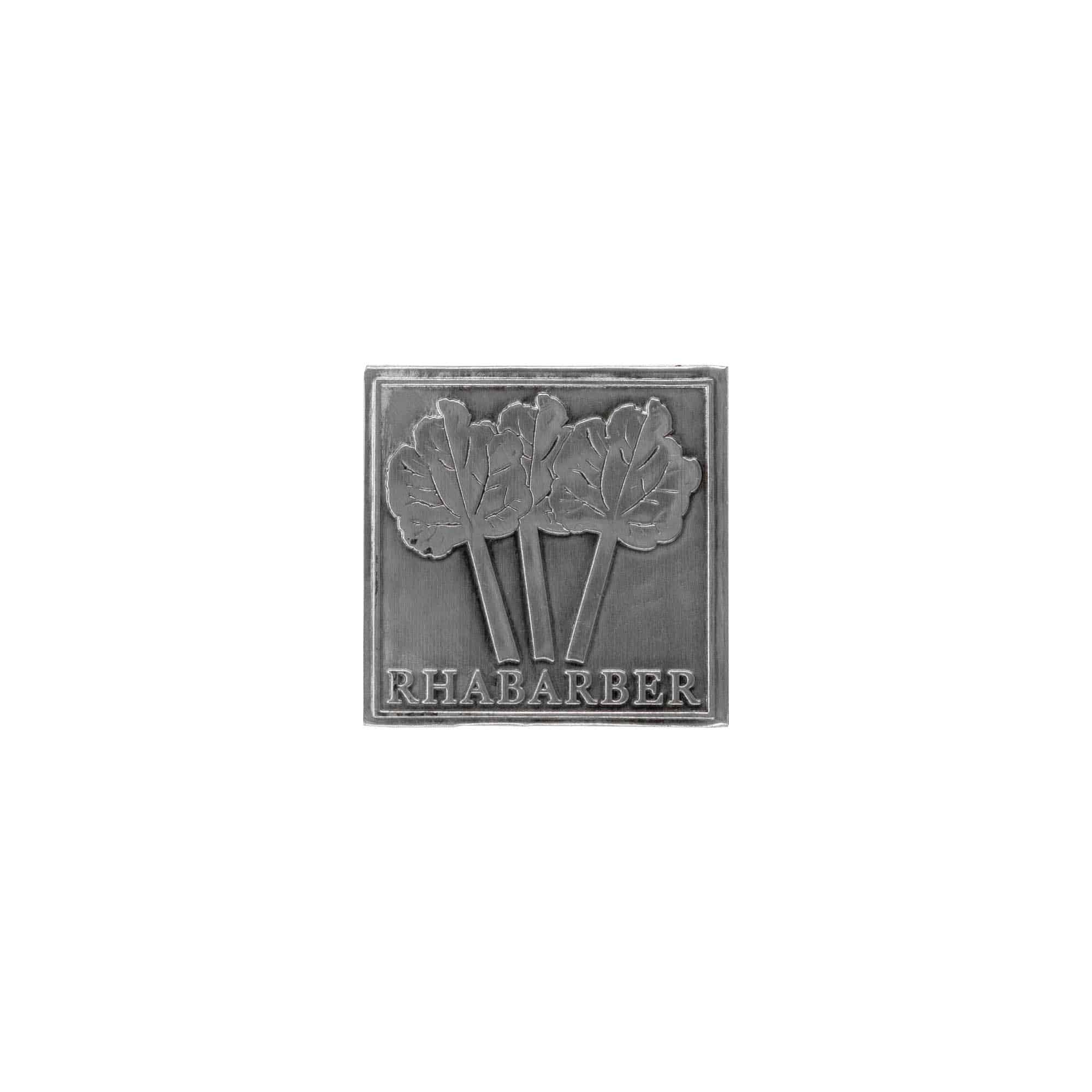 Tinnen etiket 'Rabarber', vierkant, metaal, zilver Tinnen etiket 'Rabarber', vierkant, metaal, zilver