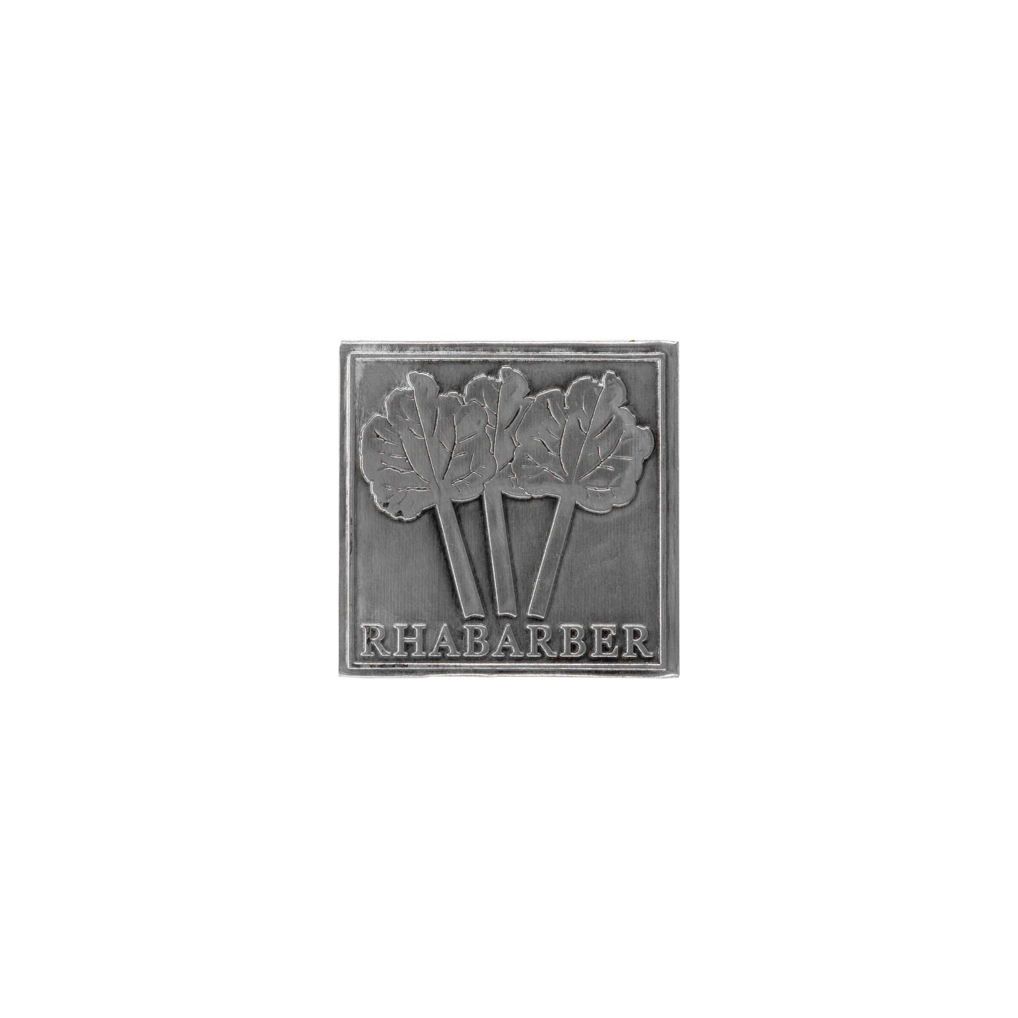 Bliketiket 'Rabarber', vierkant, metaal, zilver Bliketiket 'Rabarber', vierkant, metaal, zilver