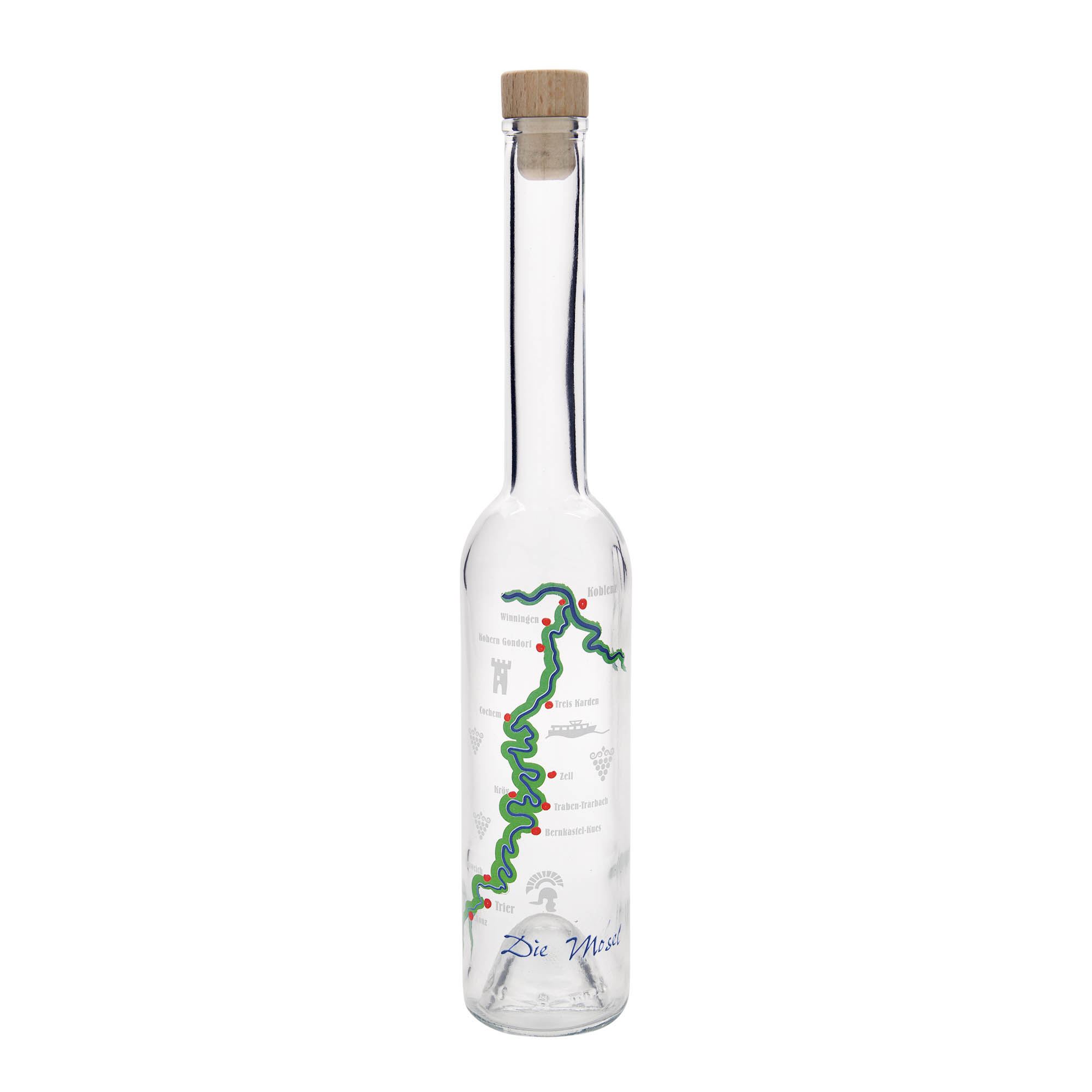 350 ml glazen fles 'Opera', motief: Moezel, hals: kurk 350 ml glazen fles 'Opera', motief: Moezel, hals: kurk