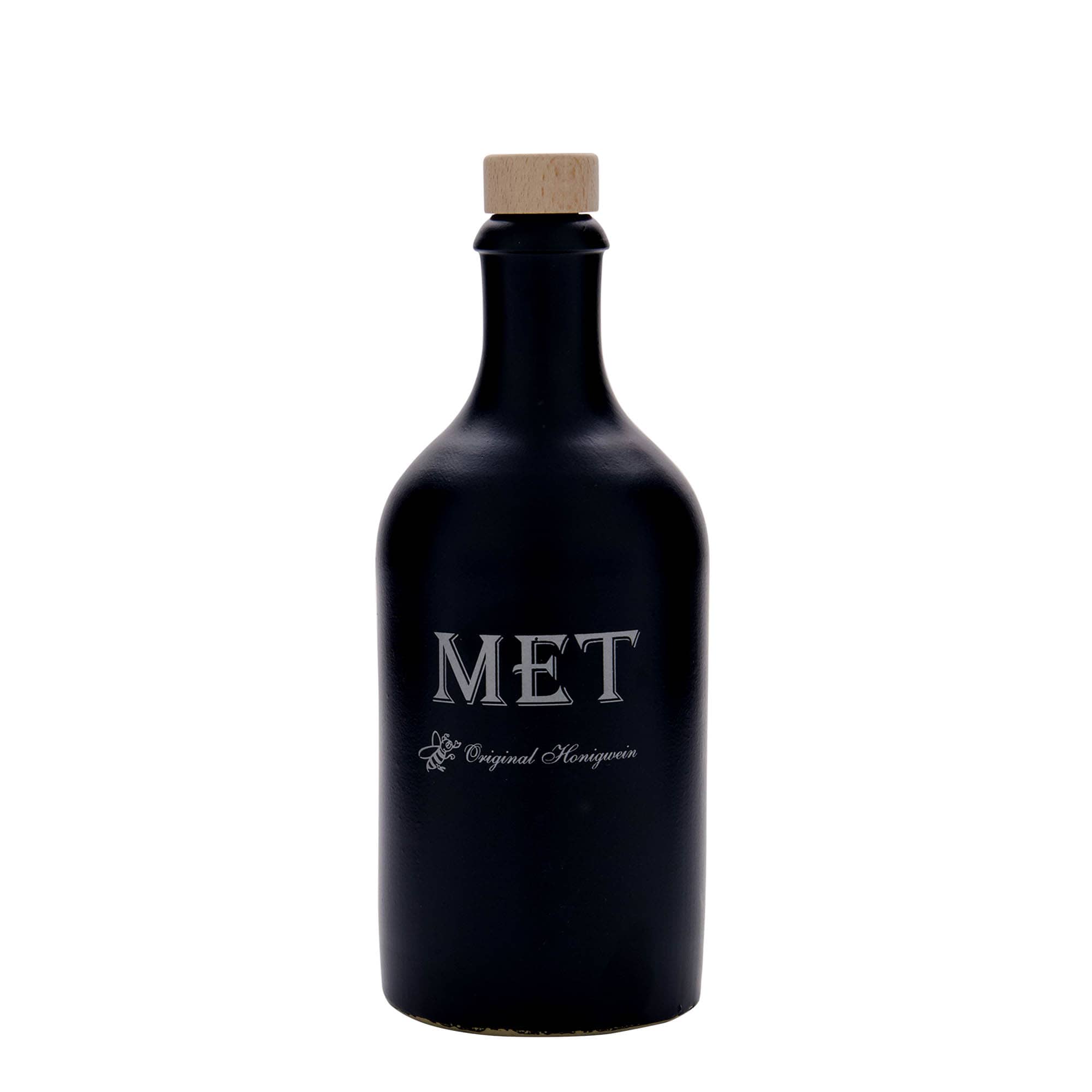 500 ml tonkruik, motief: met, steengoed, zwart, monding: kurk