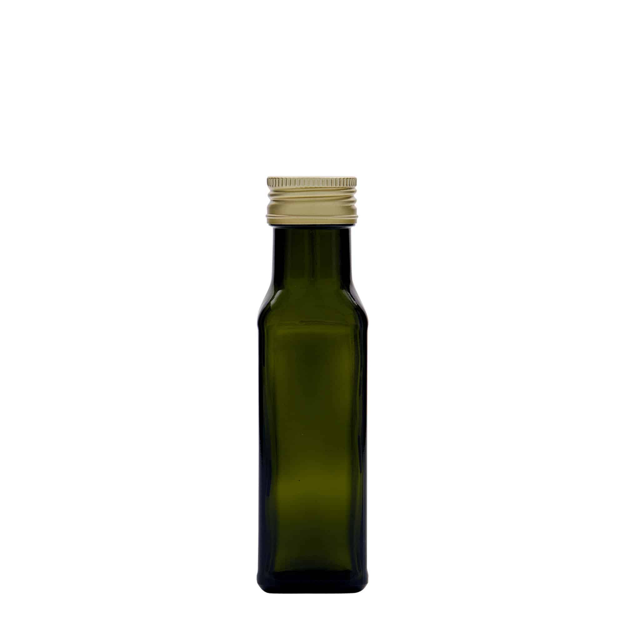 100 ml glazen fles 'Marasca', vierkant, antiekgroen, hals: PP 31,5