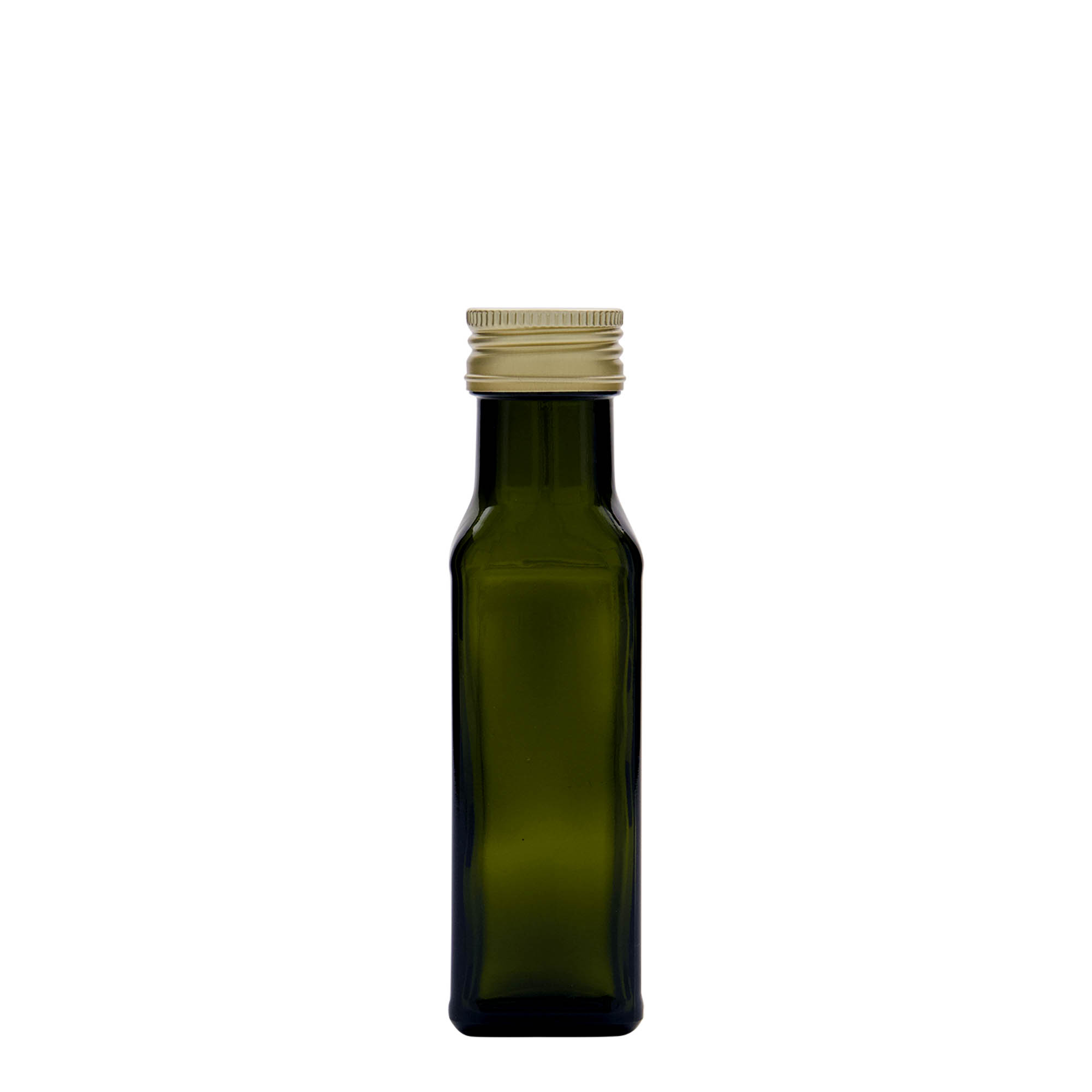 100 ml glazen fles 'Marasca', vierkant, antiekgroen, hals: PP 31,5 100 ml glazen fles 'Marasca', vierkant, antiekgroen, hals: PP 31,5