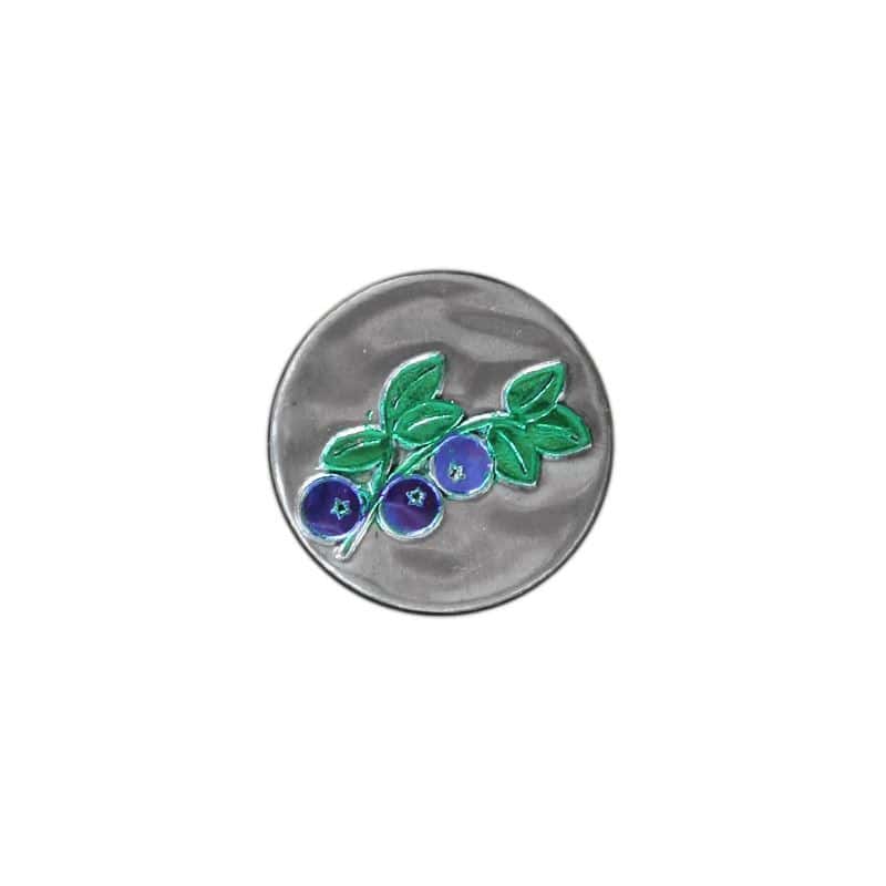 Tinnen etiket 'Blauwe bosbes', rond, metaal, zilver Tinnen etiket 'Blauwe bosbes', rond, metaal, zilver