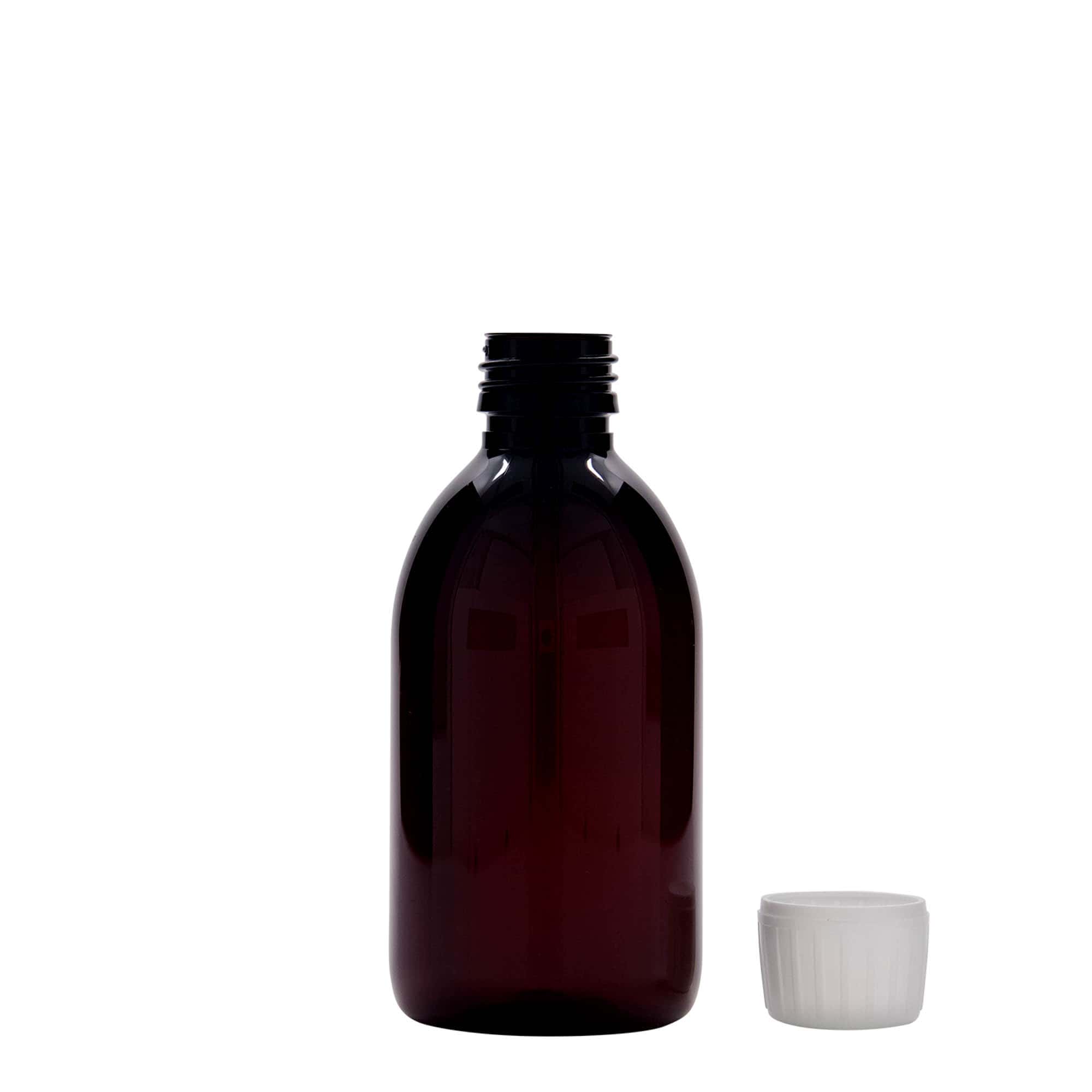 250 ml PET-medische fles, bruin, kunststof, opening: PP 28