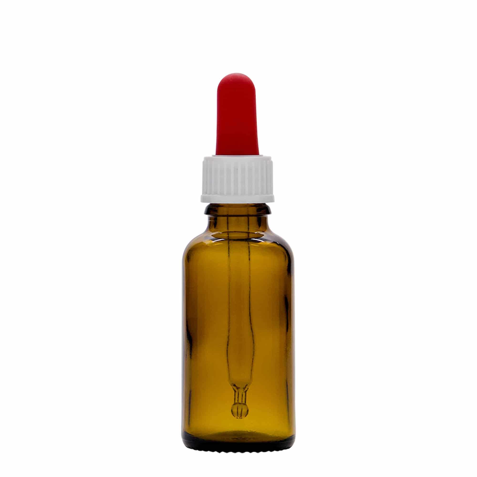 30 ml druppelflesje medicijn, glas, bruin, tuit: DIN 18
