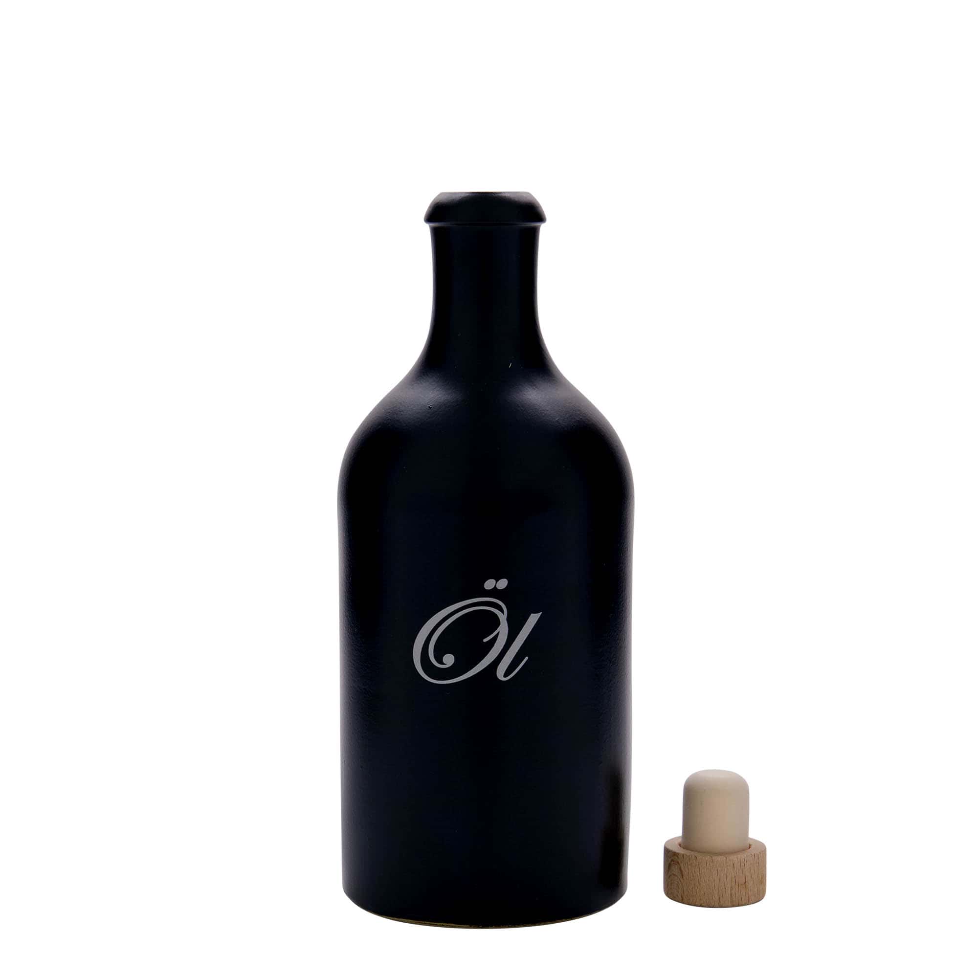 500 ml Tonkruik, motief: olie, steengoed, zwart, monding: kurk