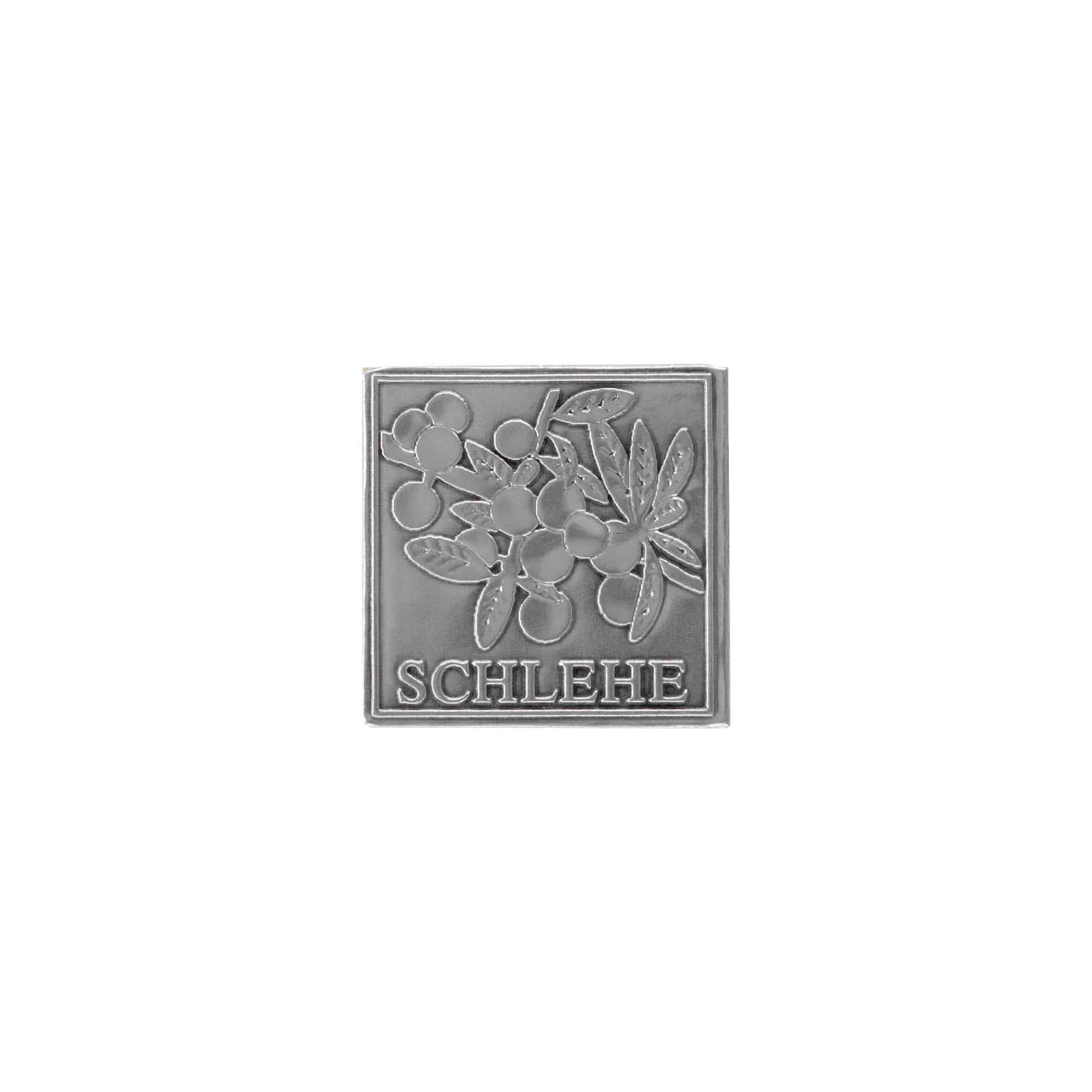 Tinlabel 'Sleedoorn', vierkant, metaal, zilver Tinlabel 'Sleedoorn', vierkant, metaal, zilver