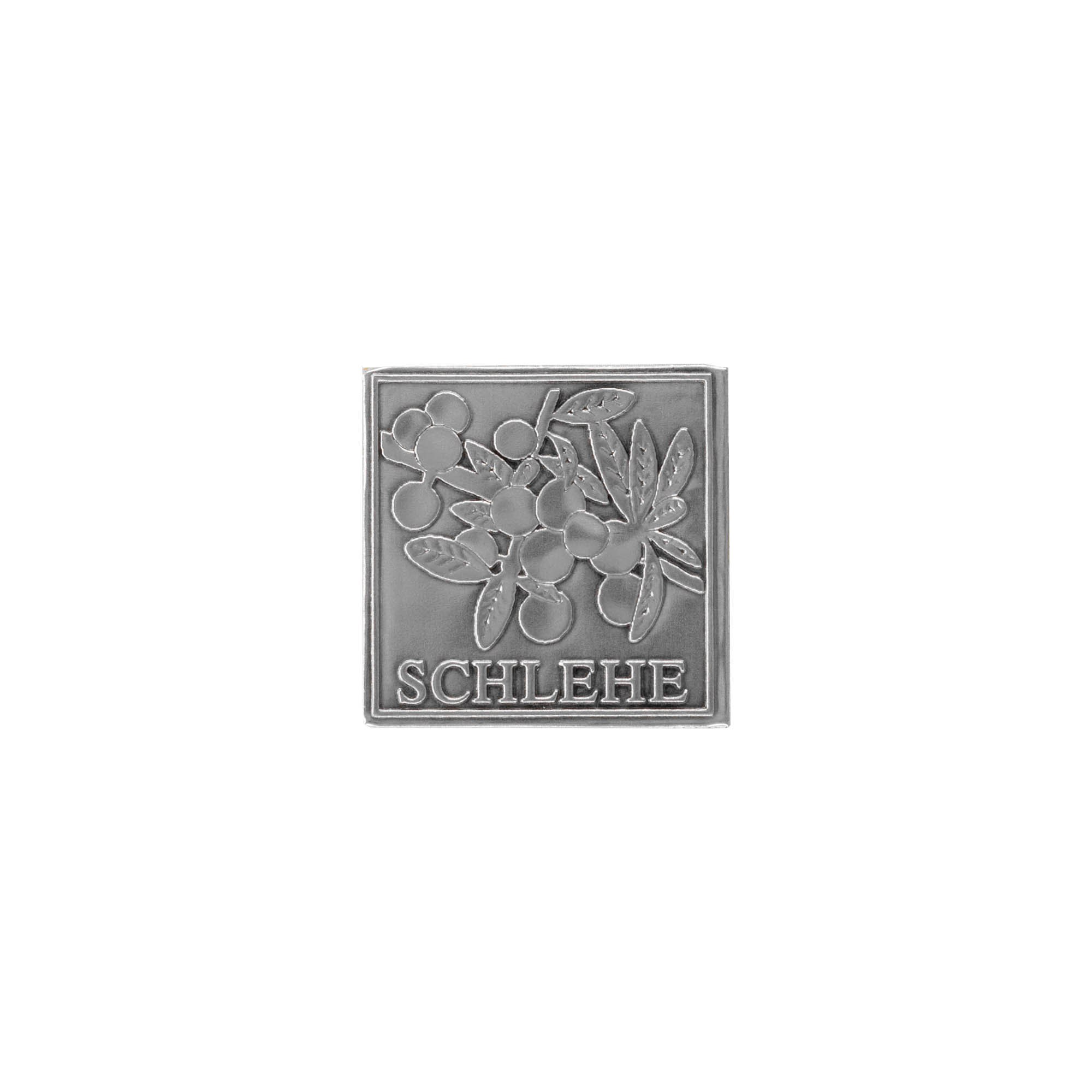 Tinlabel 'Sleedoorn', vierkant, metaal, zilver Tinlabel 'Sleedoorn', vierkant, metaal, zilver