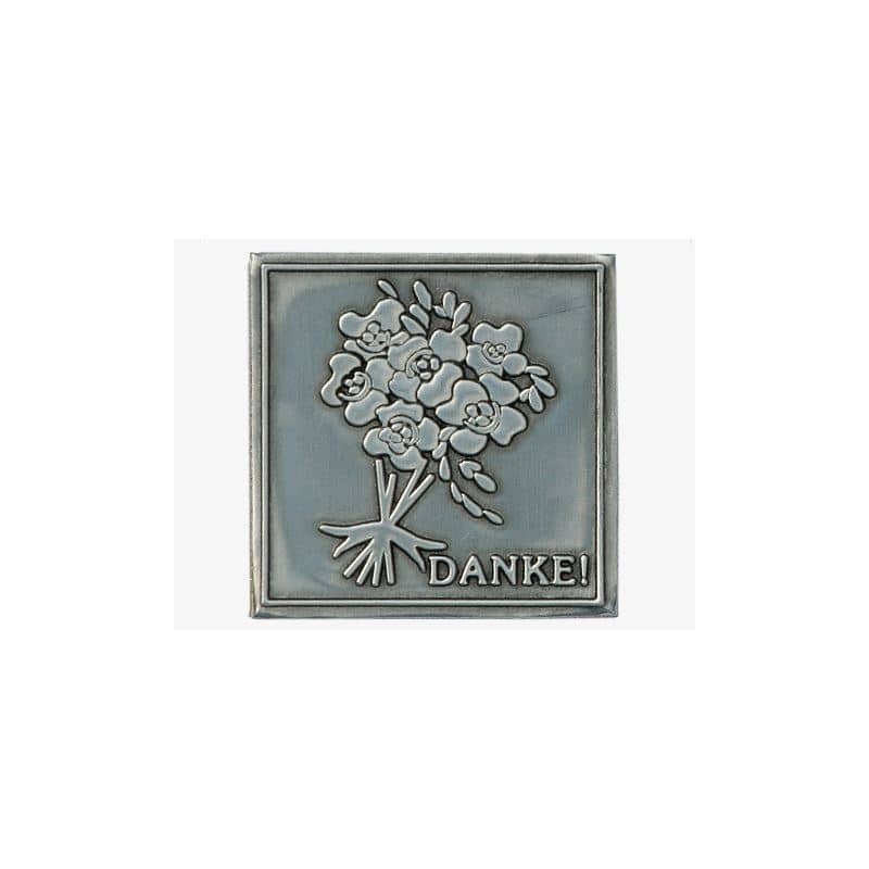Tinnen etiket 'Bedankt', vierkant, metaal, zilver Tinnen etiket 'Bedankt', vierkant, metaal, zilver