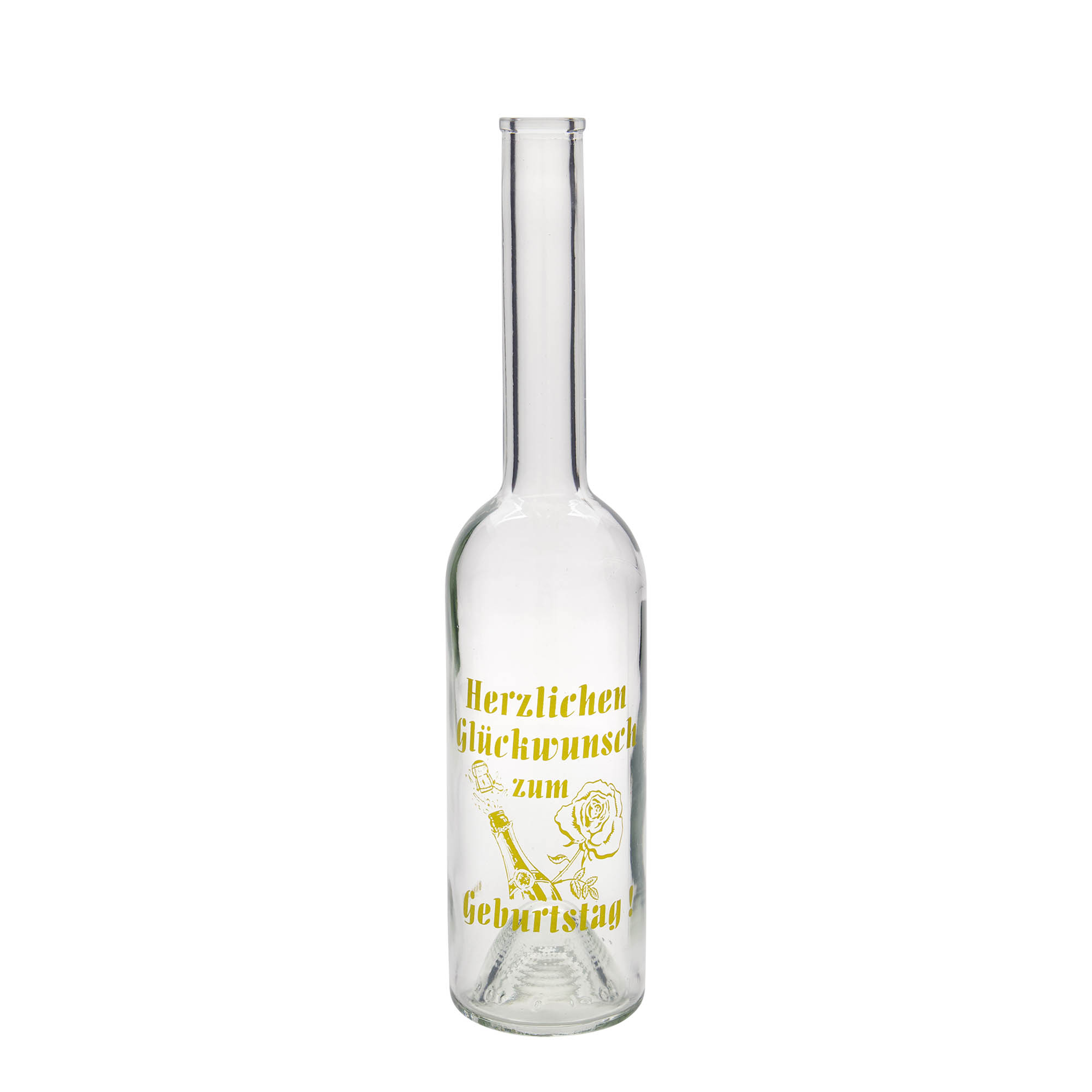 500 ml glazen fles 'Opera', motief: verjaardagsfles, opening: kurk 500 ml glazen fles 'Opera', motief: verjaardagsfles, opening: kurk